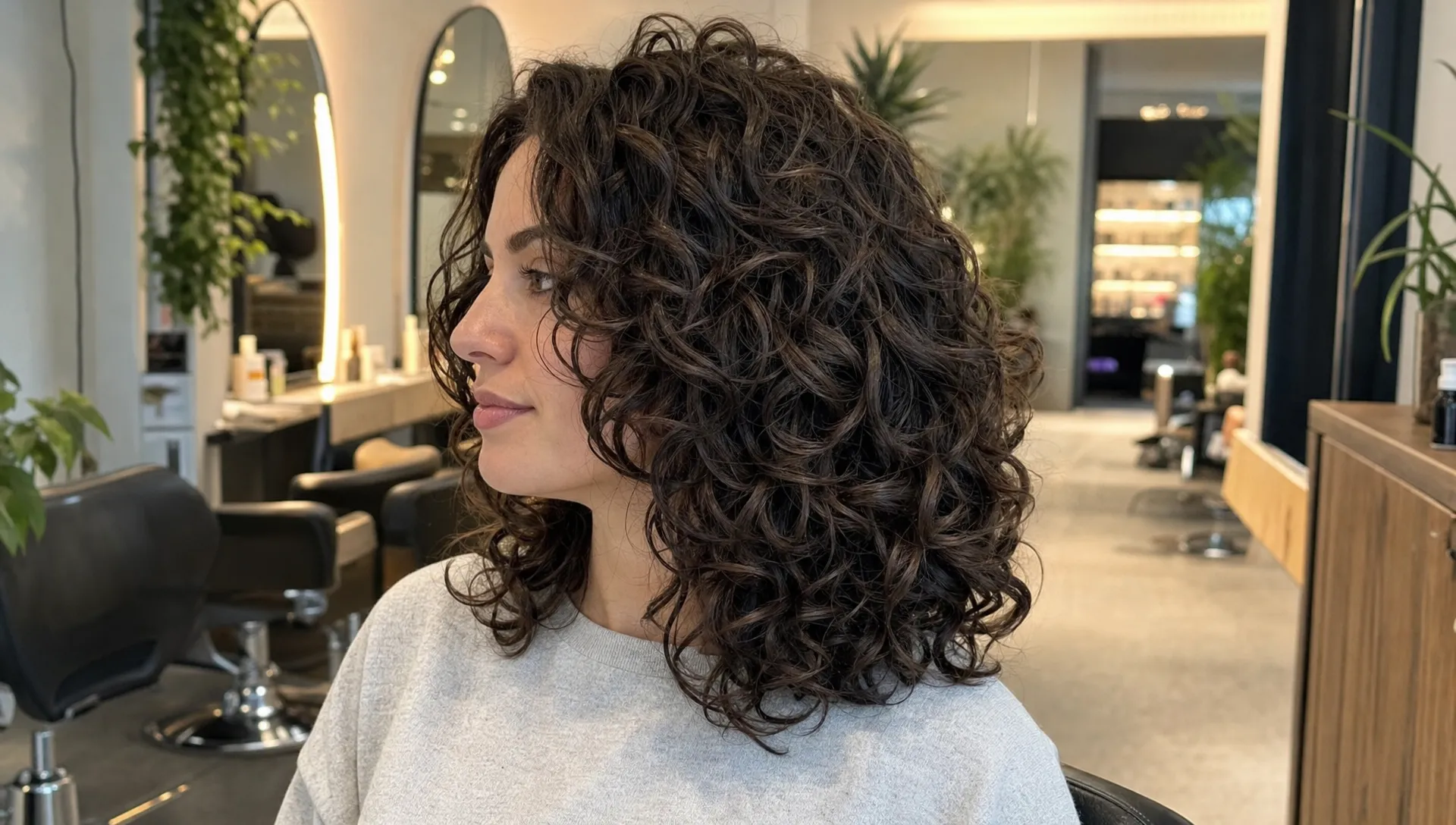 Shoulder-length curly hair with soft rounded layers, defined curl clumps, natural volume at the crown, and a smooth face-framing shape that preserves fullness at the ends, shown from a slight side angle in a salon mirror area.