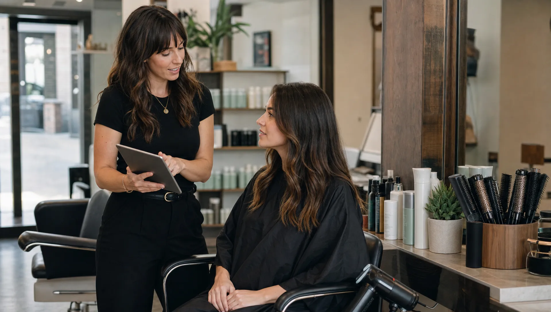 A stylist consults with a first-time client in a salon chair beside neatly arranged tools and products.