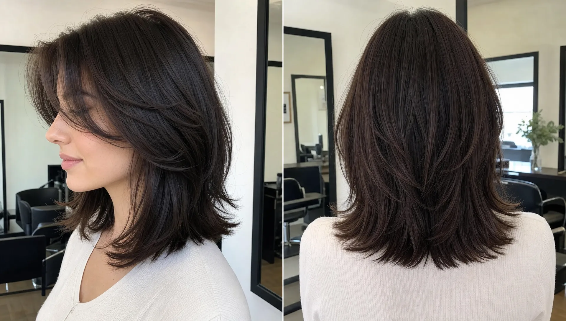 Layered shoulder-length hair dries naturally in a salon, with soft face-framing pieces and a healthy perimeter shape.