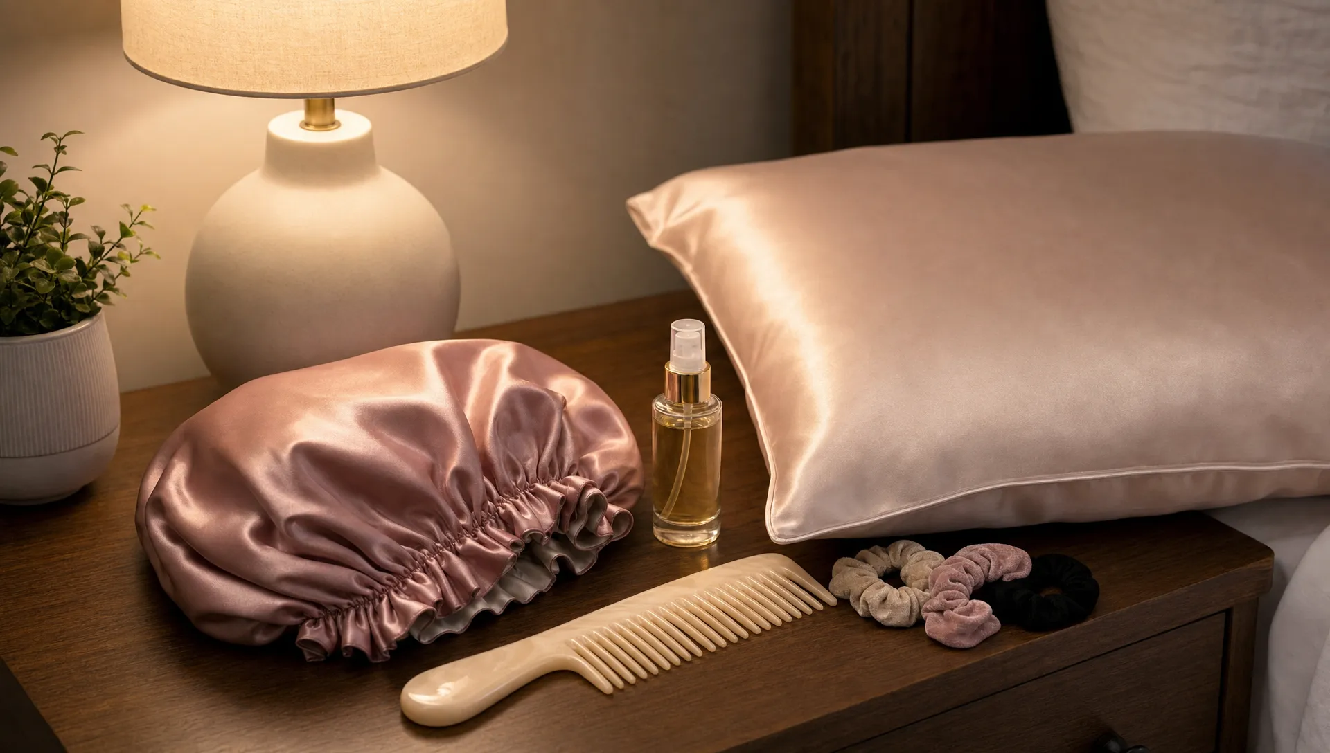 A neat nighttime hair care setup with a satin bonnet, silk pillowcase, wide-tooth comb, lightweight hair serum, and soft hair ties arranged on a bedside table.