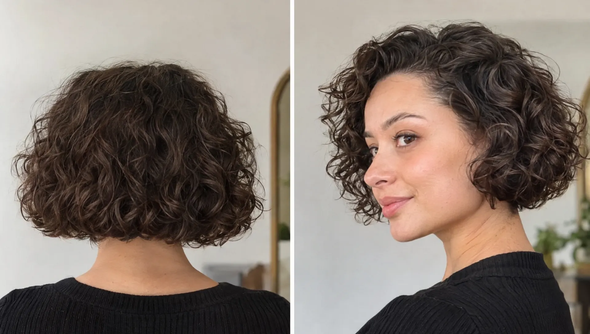 A short curly bob has a flat crown and wide lower edge in one view, and a rounded outline with lifted roots and defined curls in the other.