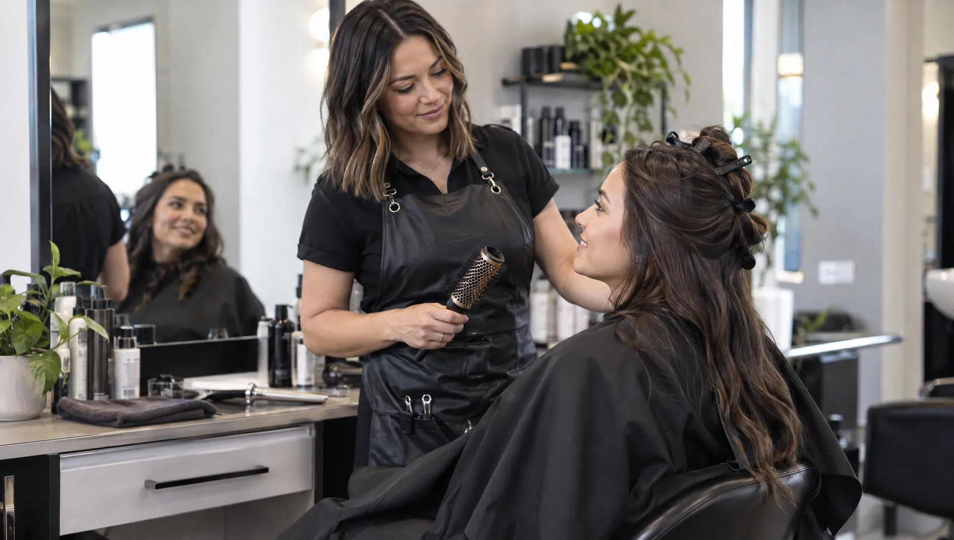 At a salon styling station, a client turns slightly toward the stylist, who pauses to check their comfort beside the mirror and neatly arranged tools.