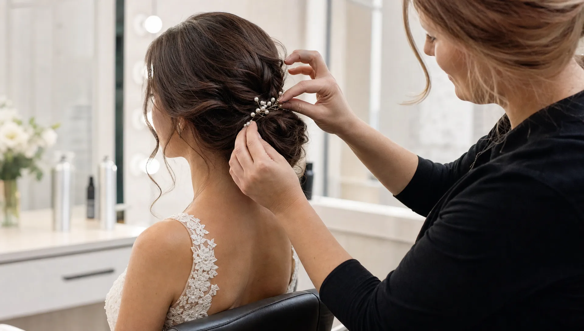 A bride sits in a salon chair while a stylist secures soft waves into a polished bridal updo with pearl pins.