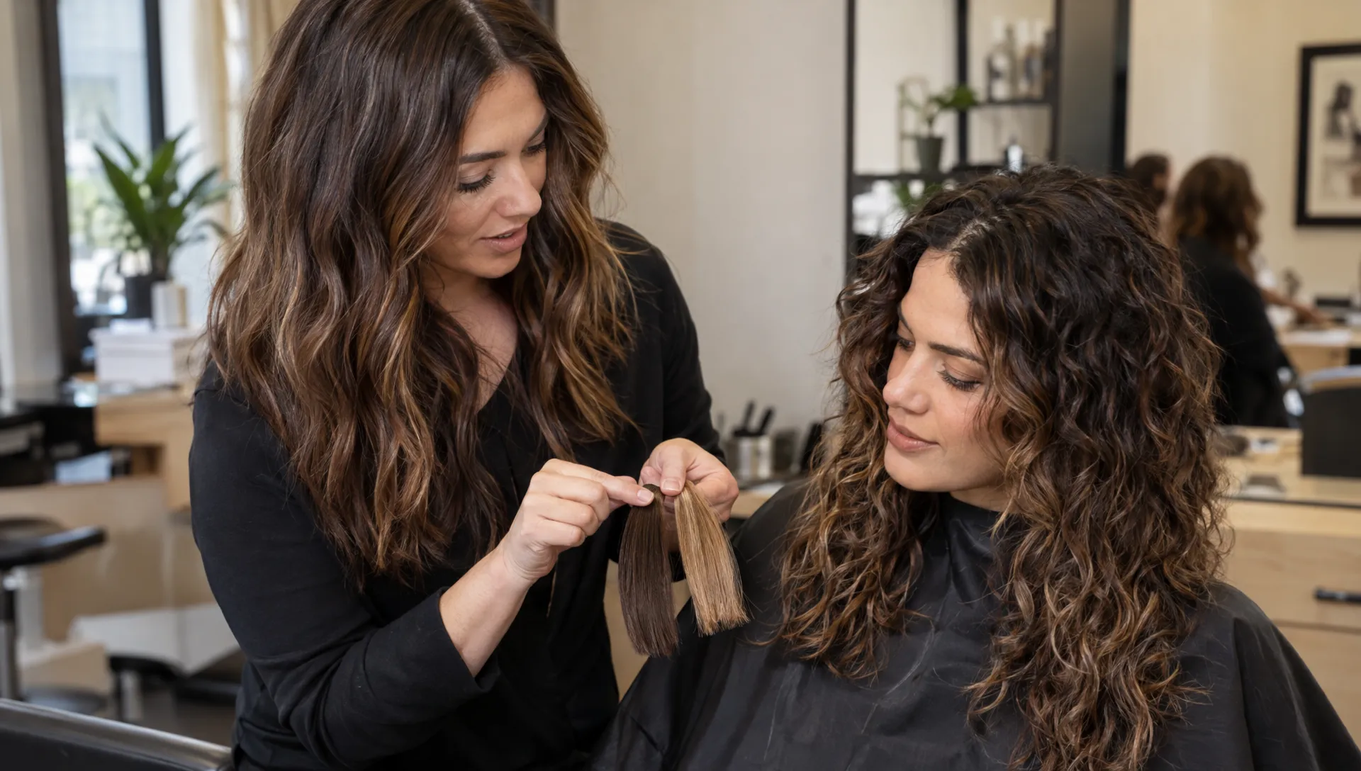 A specialist compares brunette and caramel swatches beside a seated client's curls, considering subtle highlights and a naturally blended root.