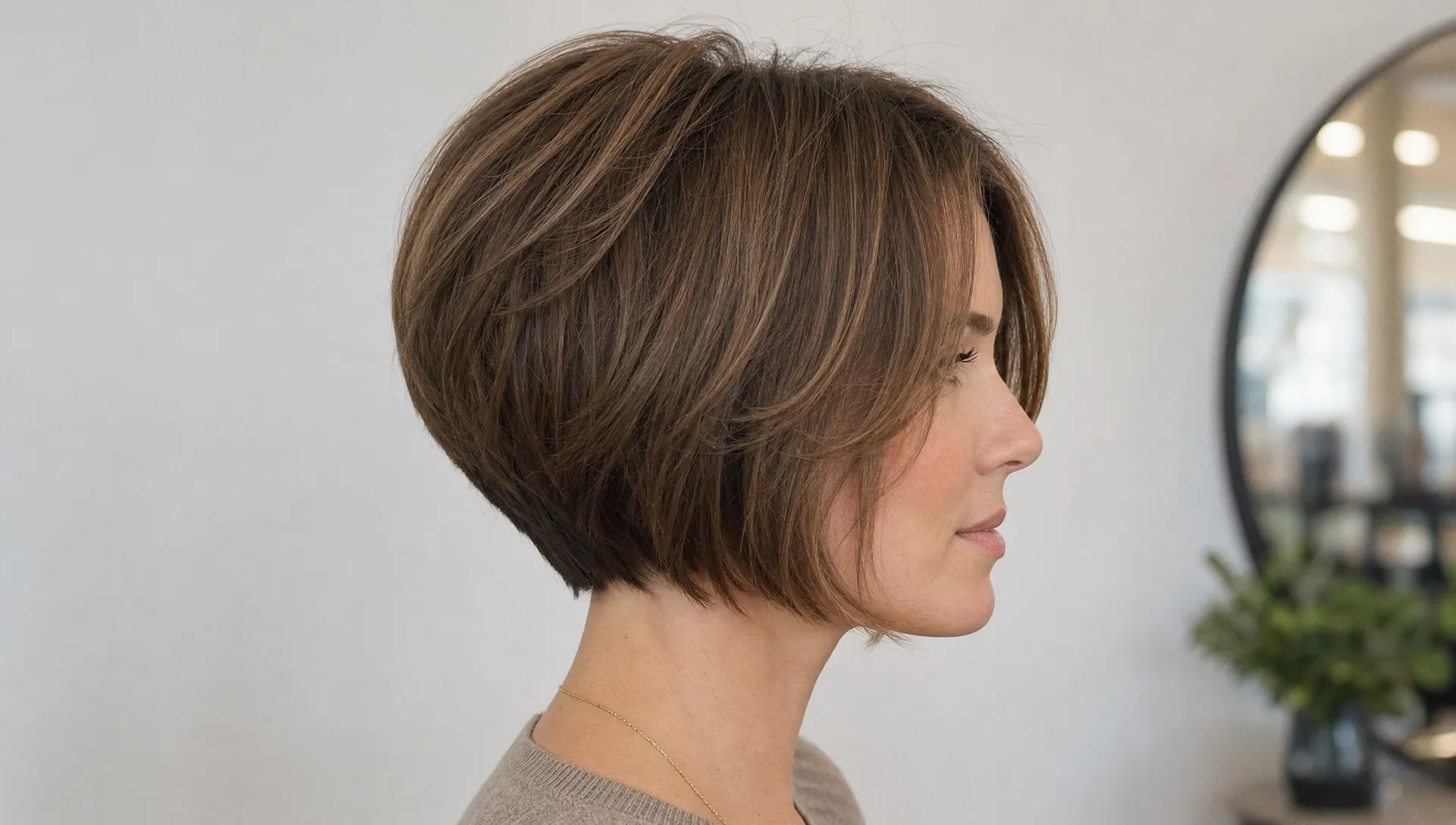 A short layered bob shown from the side with soft crown volume, face-framing layers, and a neat tapered neckline.