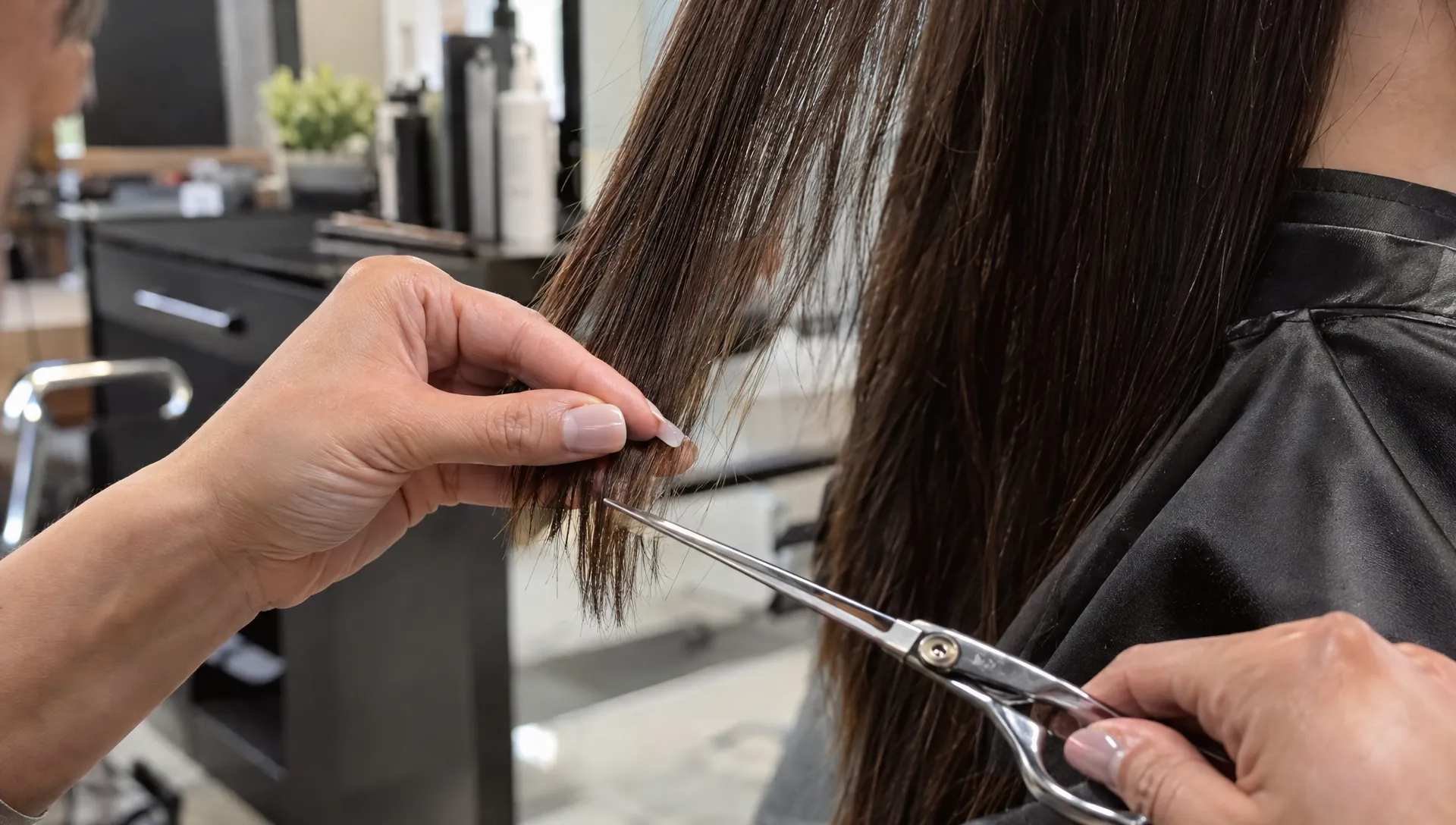 A stylist compares a forked strand with freshly cut hair tips while assessing what a split end treatment can and cannot fix.