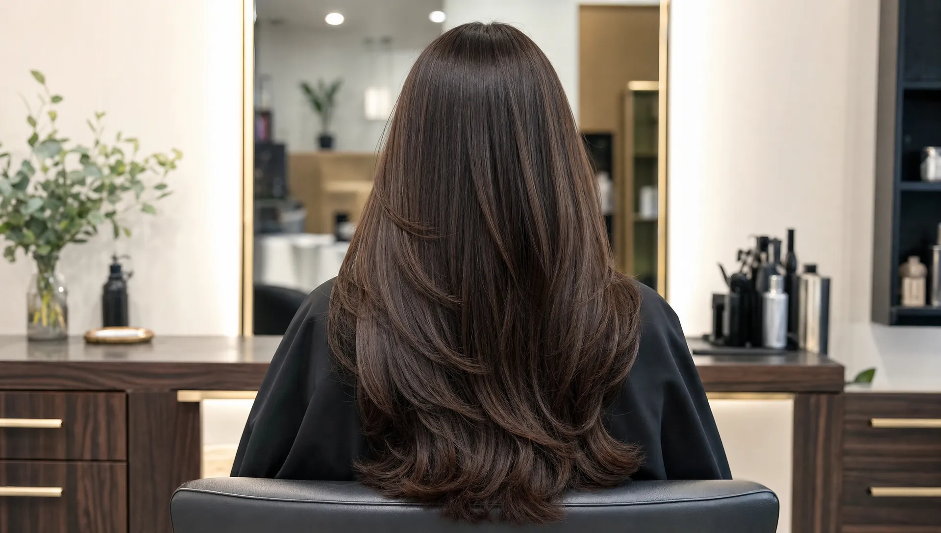 A woman in a salon chair is seen from behind with long glossy hair, clean full ends, and subtle face-framing layers.