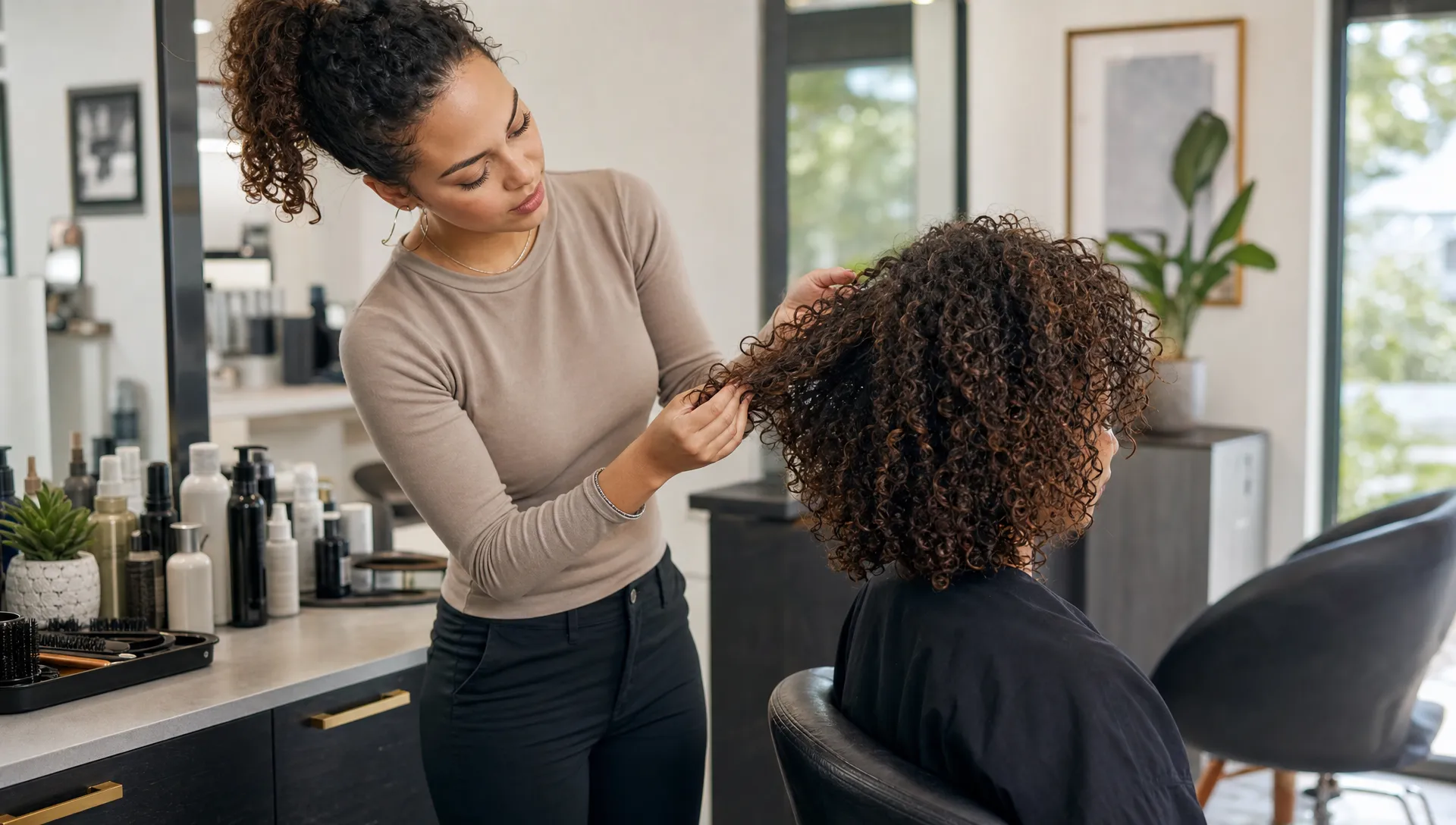 A stylist gently examines a client’s natural curls at a consultation chair in a bright salon, with hair products and styling tools arranged neatly on a nearby counter.