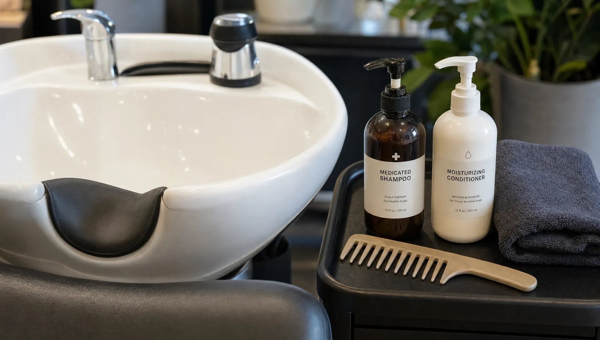 A salon sink with medicated shampoo, moisturizing conditioner, a wide-tooth comb, and a towel ready for scalp-focused washing.