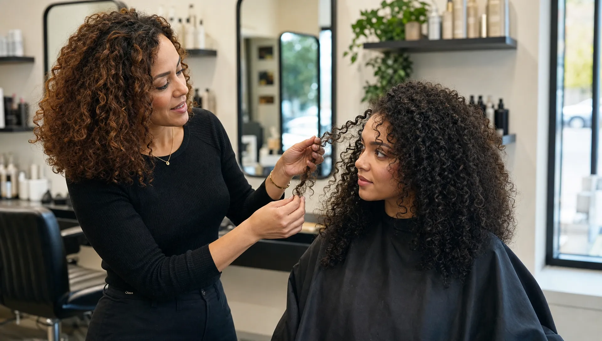 A stylist gently separates defined curls during a salon consultation while discussing shape, density and curl pattern with a client in a salon chair.