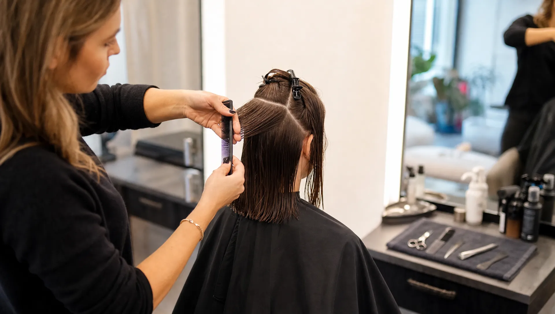 A salon stylist sections shoulder-length fine hair beside clean cutting tools before a precision haircut.