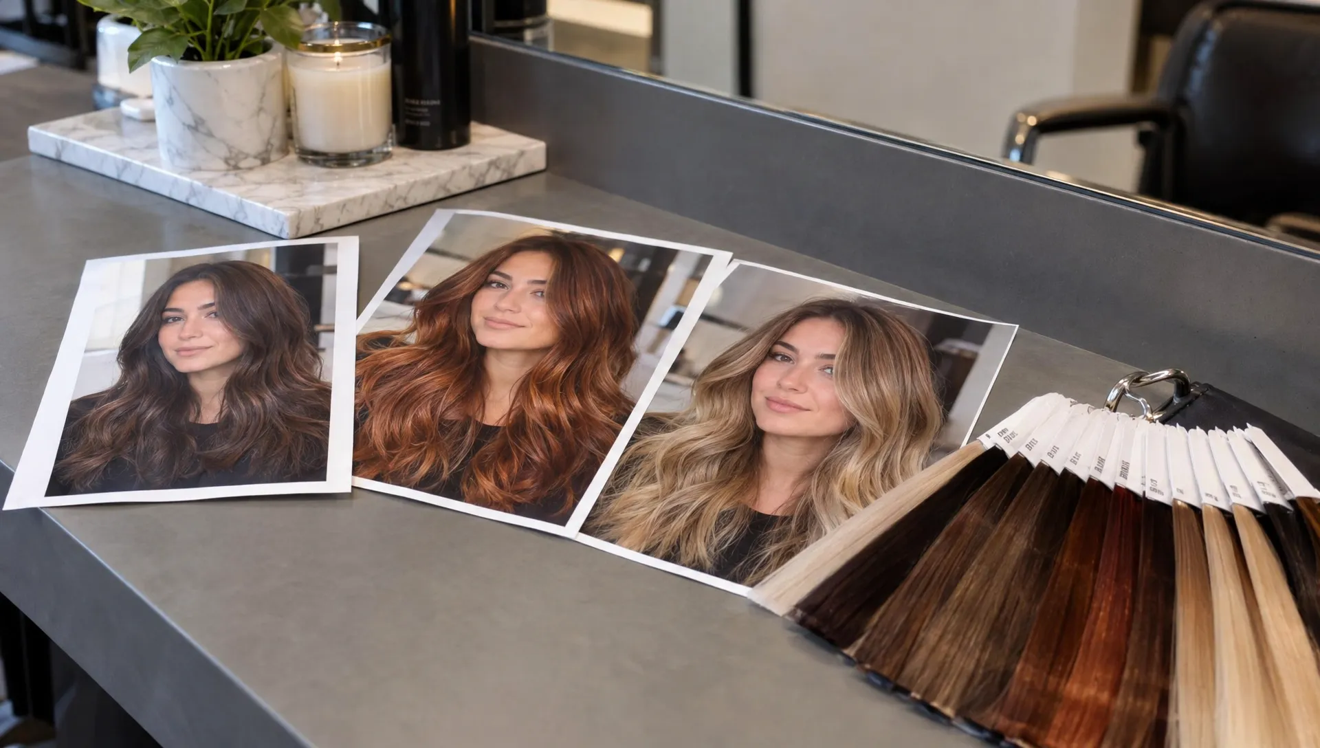 An original hair photo and three printed previews of brunette, copper and blonde shades lie beside salon color swatches on a consultation table.