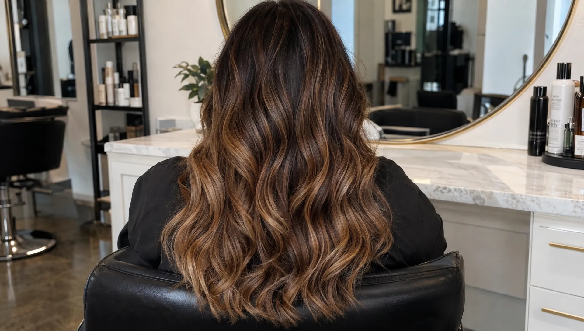 Loose waves show ombre hair fading from deep brunette roots through chestnut lengths into caramel ends.