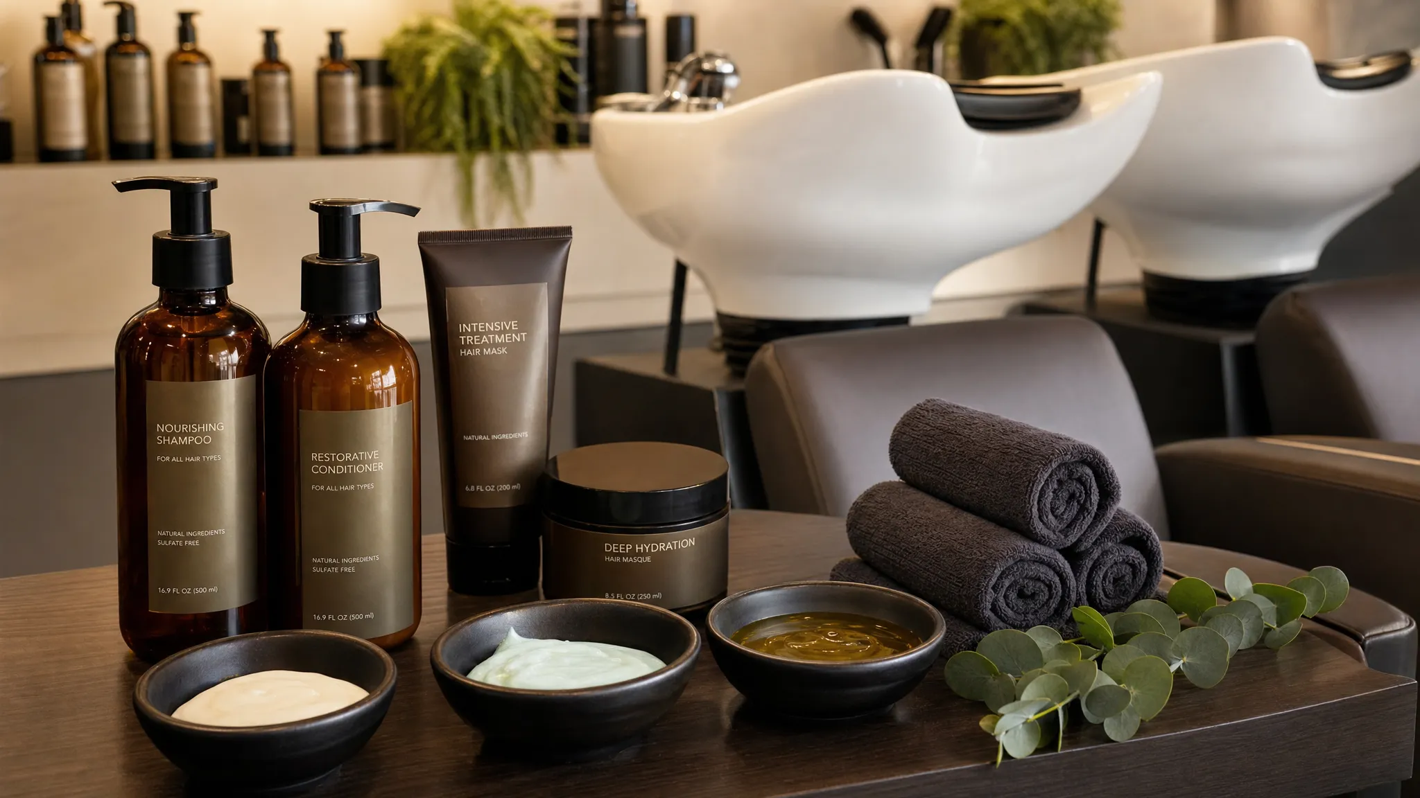 A luxury salon treatment setup with conditioning bowls, folded towels, and hair care products arranged beside a shampoo station, creating a calm and polished environment for scalp and strand care.