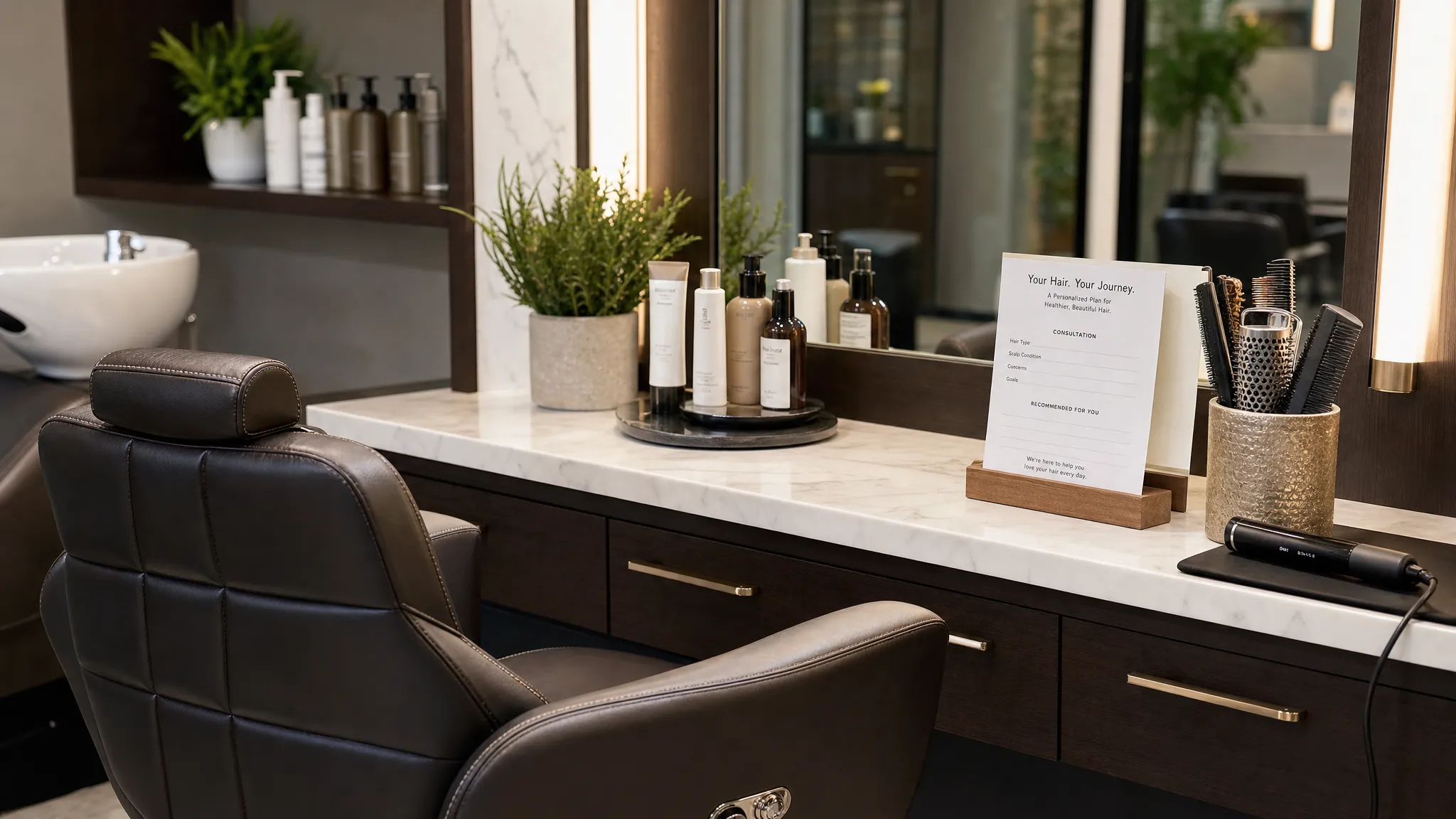 A luxury salon chair beside a neatly arranged styling station with tools, conditioning products, and a consultation card ready for a personalized hair care package.