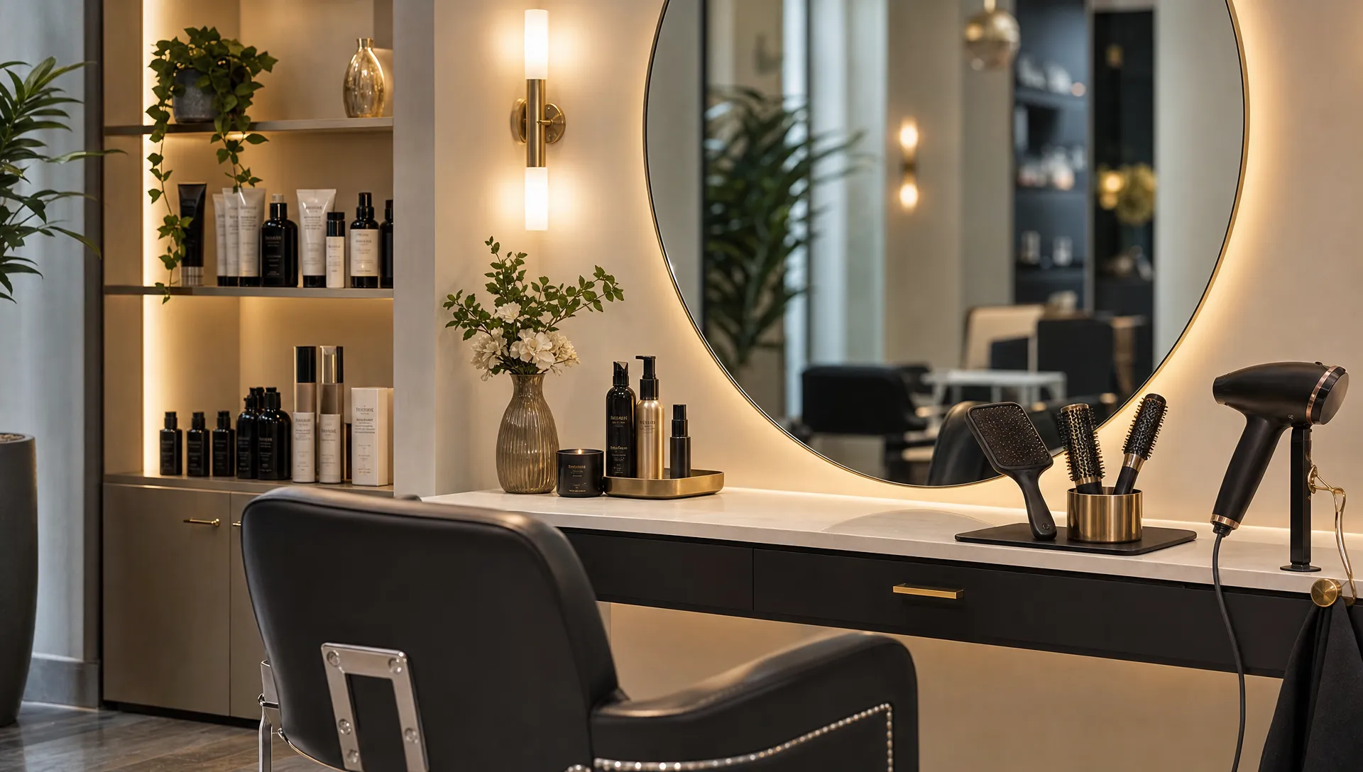 A clean luxury hair salon station with a styling chair, mirror, premium hair products, blow dryer, brushes, and soft lighting, creating a polished and relaxing atmosphere for everyday glam styling.