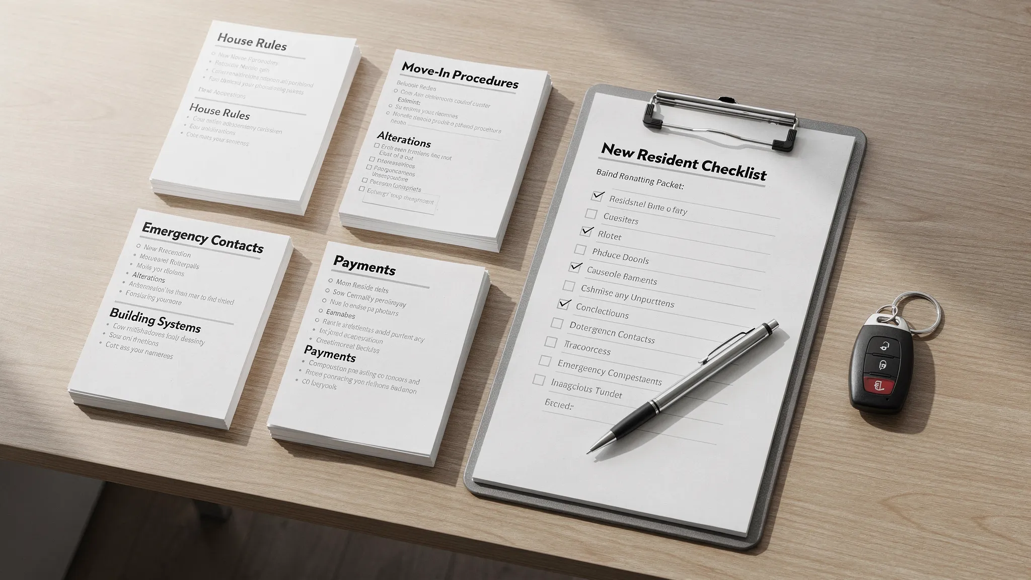 A neatly organized “New Resident Intake Packet” laid out on a table with labeled sections like House Rules, Move-In Procedures, Alterations, Emergency Contacts, Payments, and Building Systems, with a clipboard checklist and a key fob beside it.