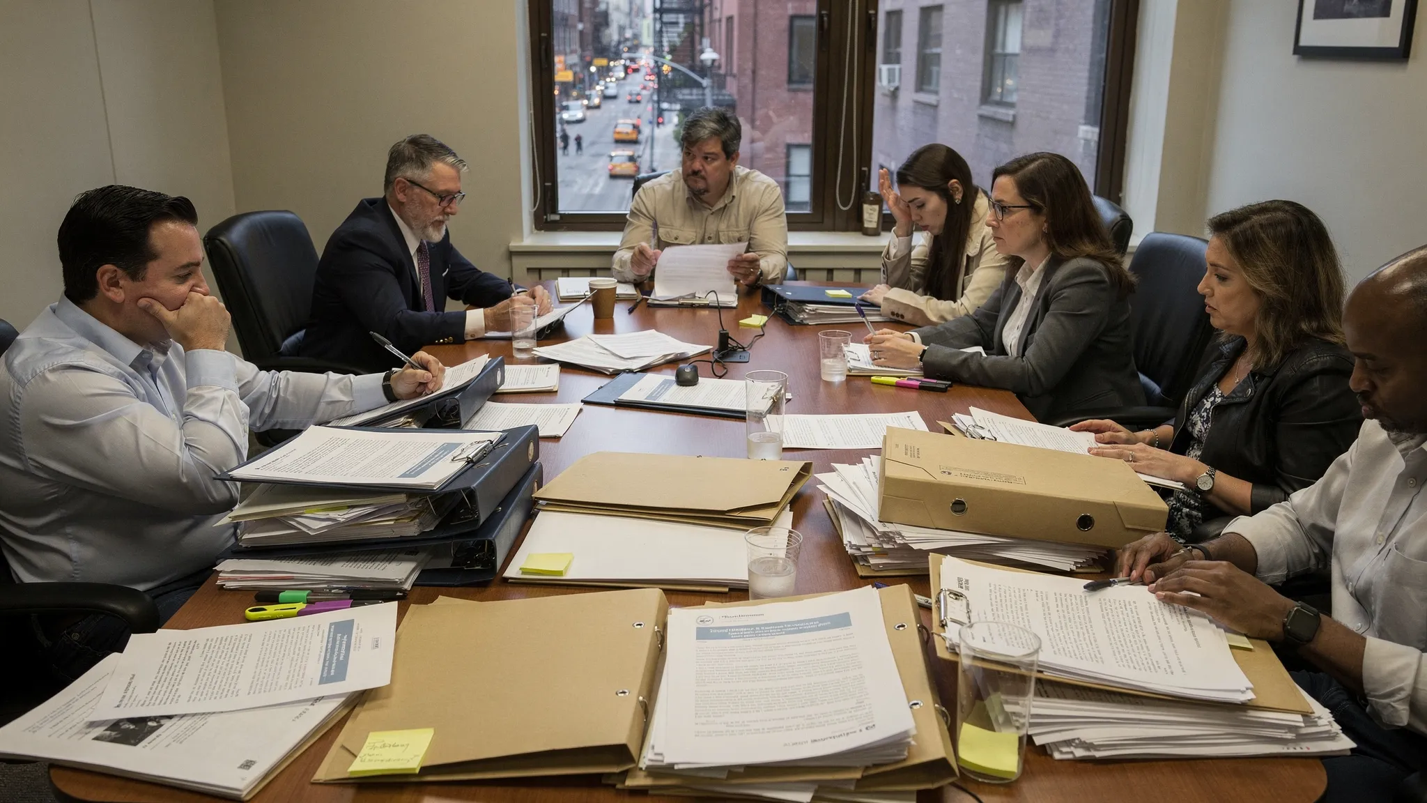 A small NYC co-op board reviewing a messy stack of binders, vendor proposals, and printed emails on a conference table, with building documents spread out and a clear sense of disorganization.