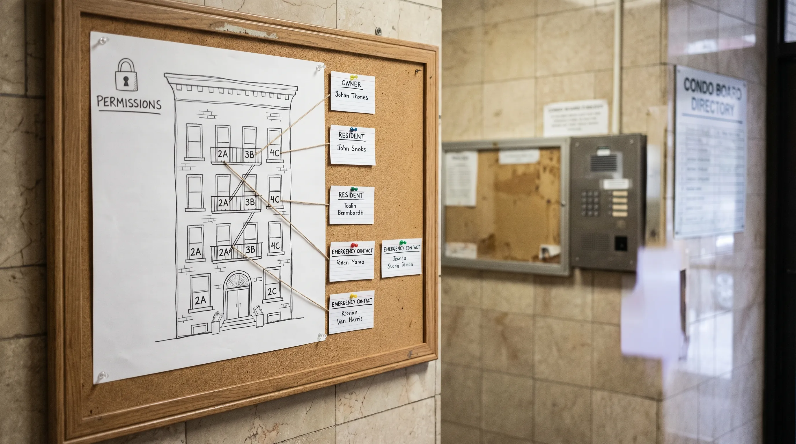 A simple resident directory concept for a NYC co-op or condo board, showing a building with unit numbers connected to owner, resident, and emergency contact cards, plus a small “permissions” lock icon indicating controlled access.