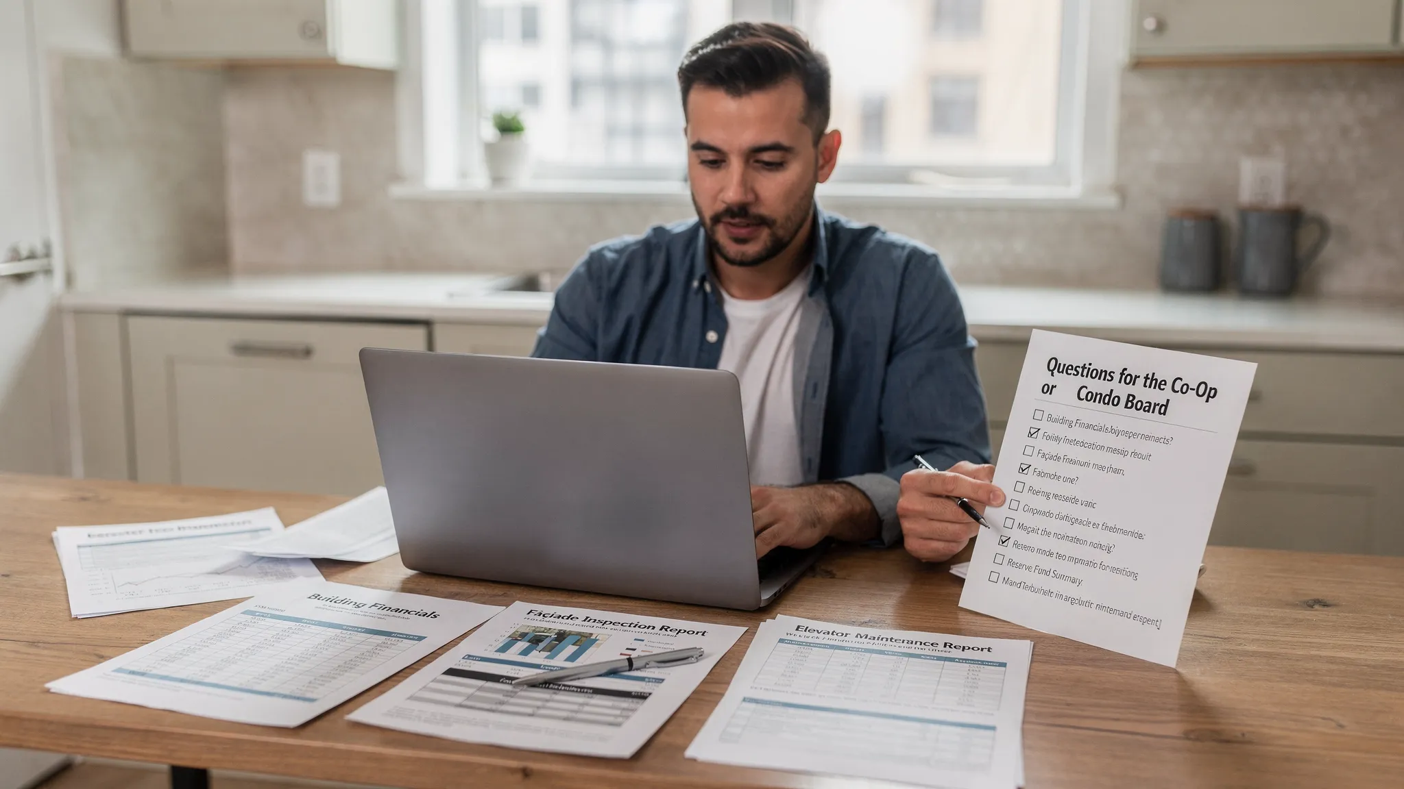 A prospective buyer sits at a kitchen table with a laptop and a printed checklist titled “Questions for the Co-op or Condo Board,” reviewing building financials and compliance items like façade inspections, elevator reports, and reserve funds.