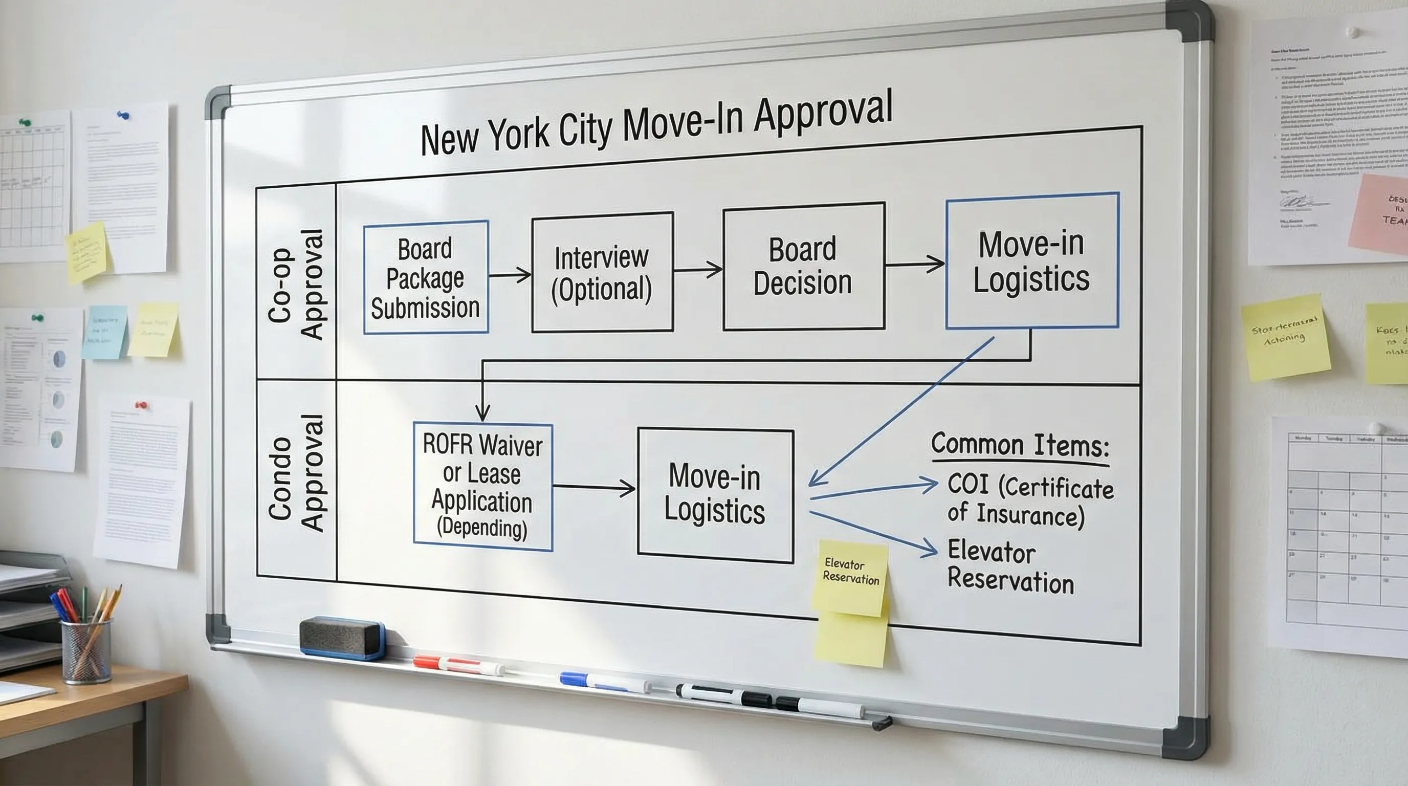 A simple flow diagram showing NYC move-in approval steps split into two lanes: Co-op lane includes board package, interview (optional), board decision, then move-in logistics; Condo lane includes ROFR waiver or lease application (depending), then move-in logistics, with common items like COI and elevator reservation highlighted.
