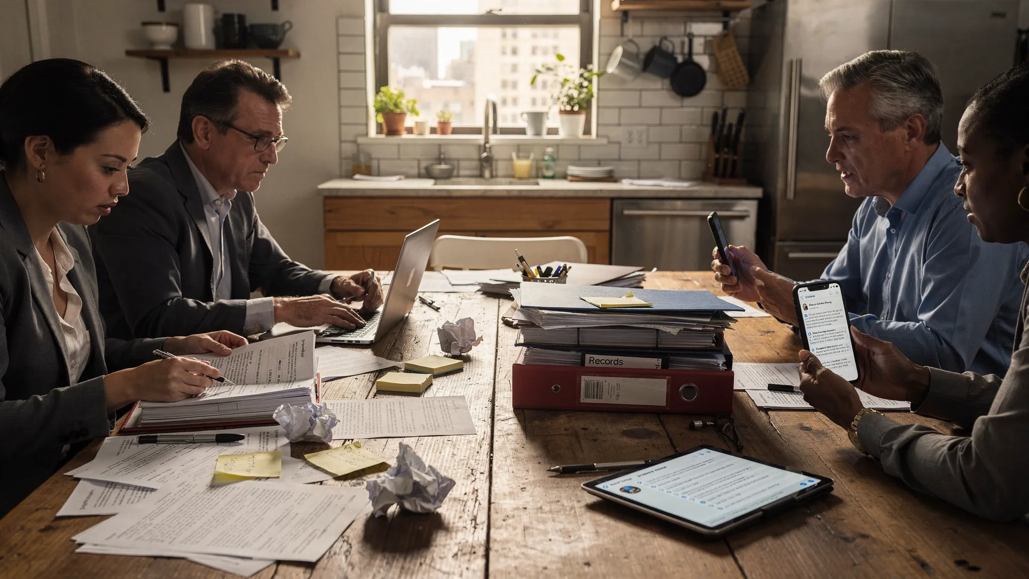 A small NYC co-op board meeting at a kitchen table with paper packets, a laptop, and phones showing long email threads, highlighting the chaos of reply-all communication compared to organized records.