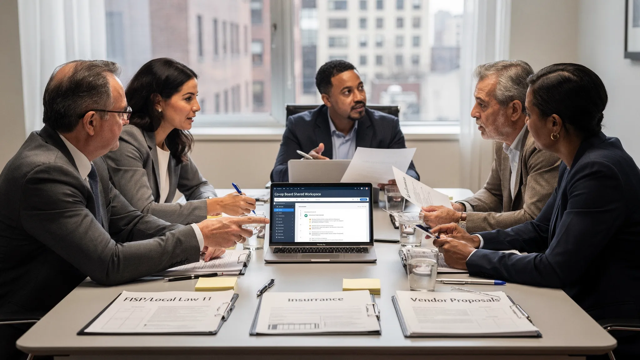 A small NYC co-op board reviewing building documents around a table, with labeled folders for “FISP/Local Law 11,” “Insurance,” and “Vendor Proposals,” and one shared digital workspace shown on a laptop screen facing the group.