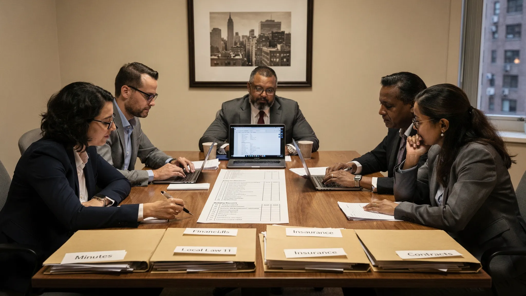 A small NYC co-op board reviewing a simple checklist of building records on paper and a laptop, with labeled folders for minutes, financials, Local Law 11, insurance, and contracts on a table in a modest meeting room.