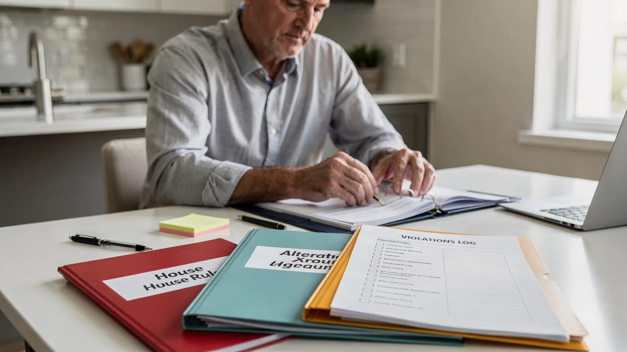 A condo board member at a kitchen table reviewing a building house rules binder and a checklist for renovations and move-ins, with labeled folders for “House Rules,” “Alteration Agreements,” and “Violations Log.”