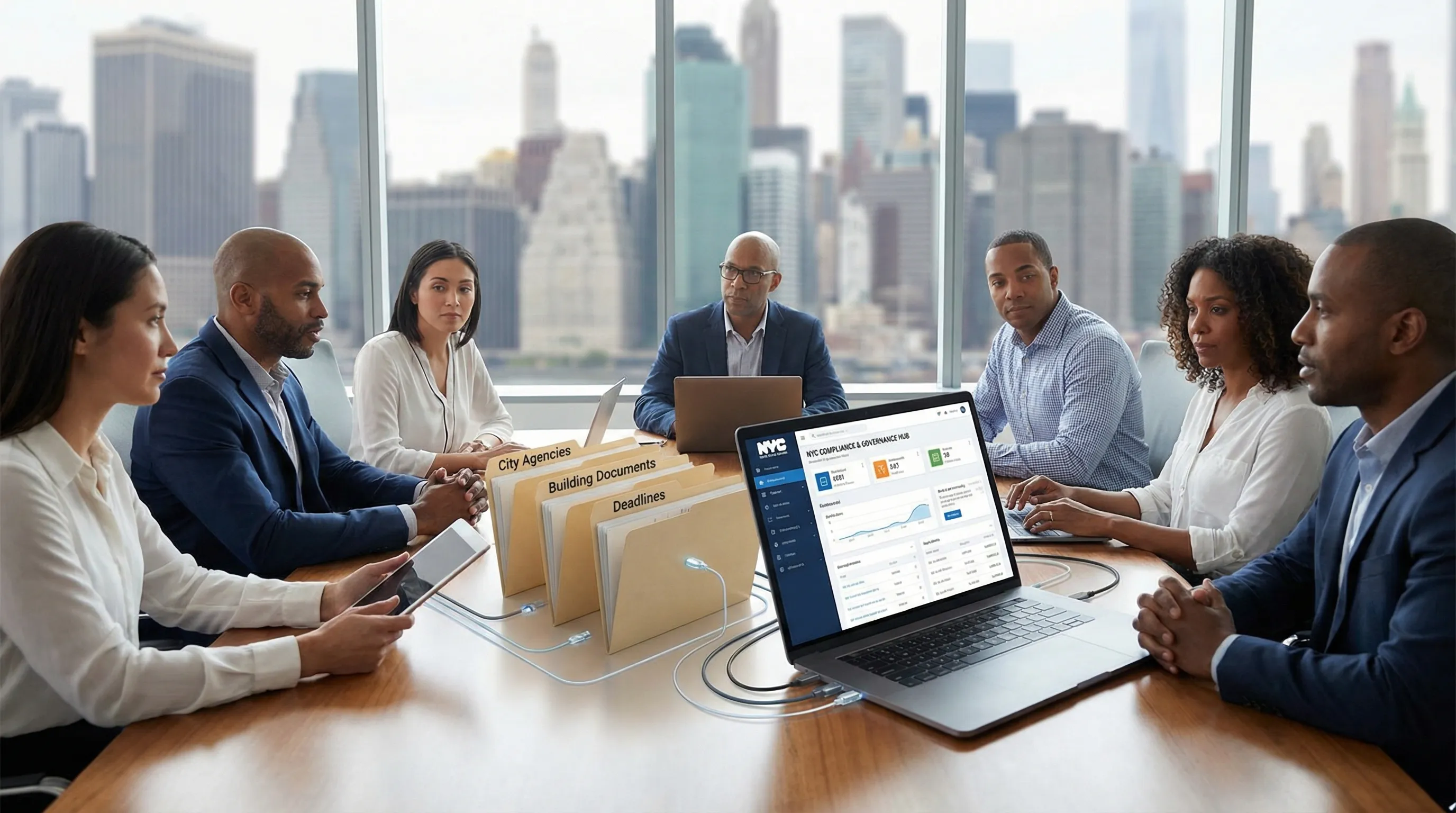 A clean “NYC Compliance & Governance Hub” concept illustration showing a condo/co-op board at a meeting table with three labeled folders: City Agencies, Building Documents, and Deadlines, connected to a single shared digital workspace.