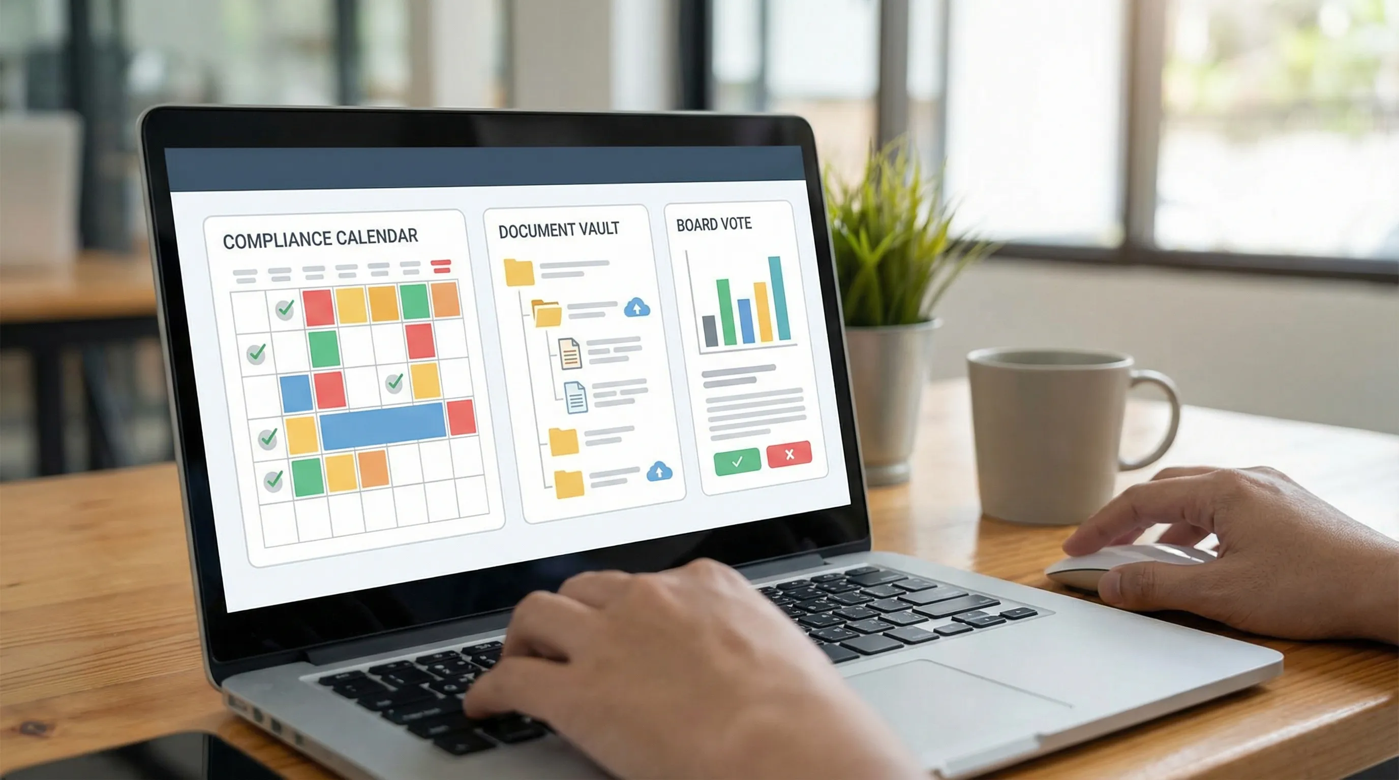 A simplified screenshot-style illustration of a building management platform showing a compliance calendar, a document vault, and a board vote panel arranged in one workspace, with no readable text.