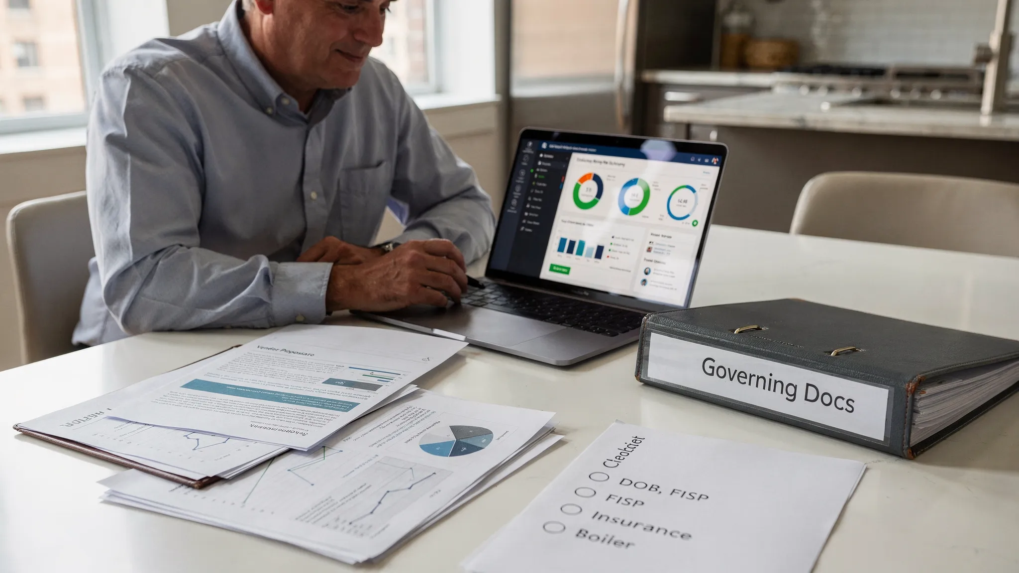 A NYC co-op board member reviewing a building operations dashboard on a laptop at a kitchen table, with a printed vendor proposal, a binder labeled “Governing Docs,” and a simple checklist titled “DOB, FISP, Insurance, Boiler” visible on the table.
