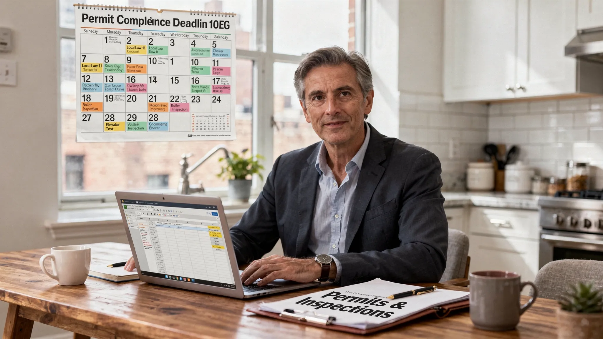 A NYC co-op board member at a kitchen table with a laptop open, a paper folder labeled “Permits & Inspections”, and a wall calendar showing highlighted compliance deadlines. The scene conveys organized tracking of NYC building requirements.