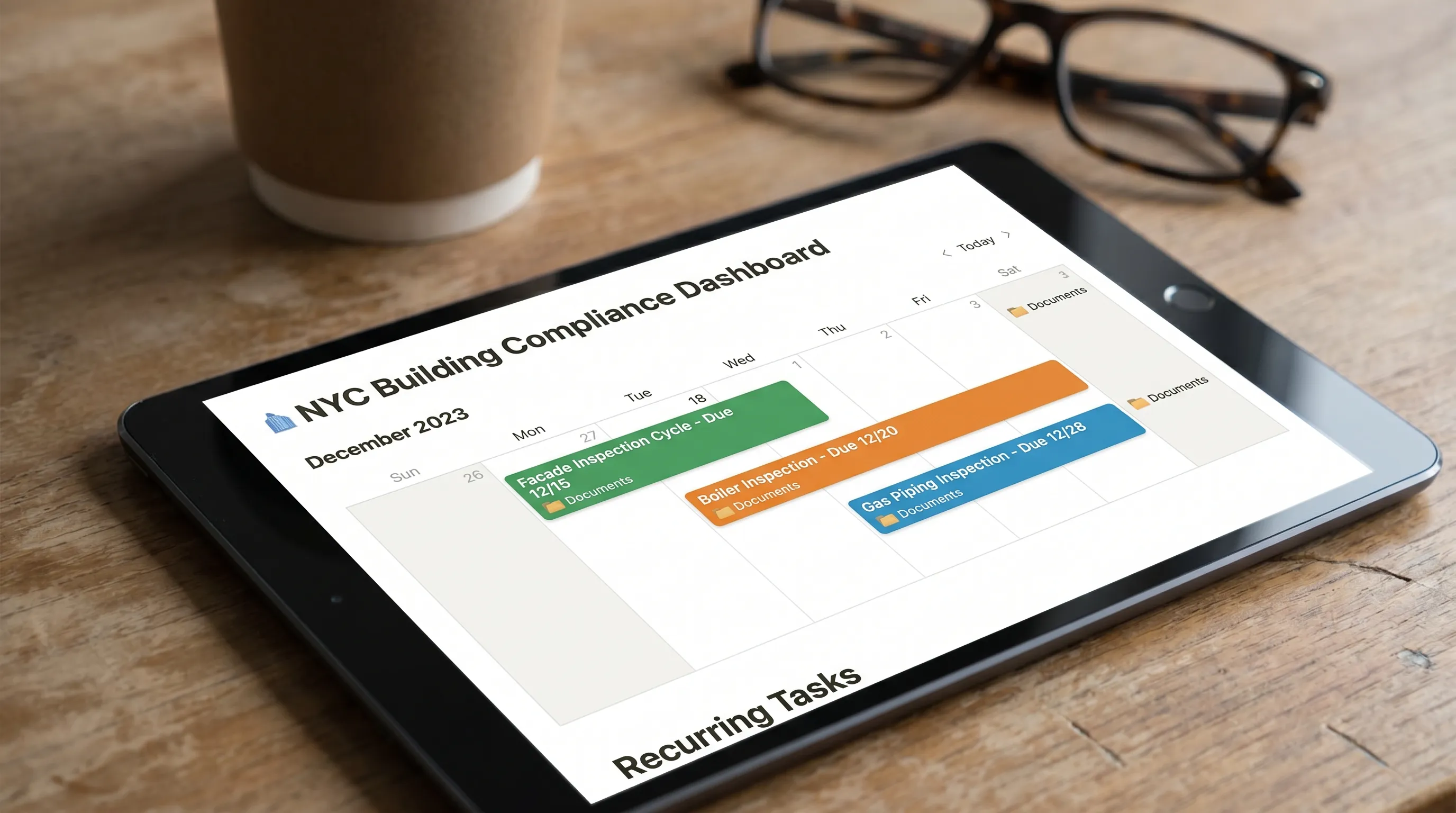 A simple NYC building compliance dashboard showing a calendar with recurring items like facade inspection cycle, boiler inspection, gas piping inspection, and a linked folder icon next to each item indicating where supporting documents are stored.
