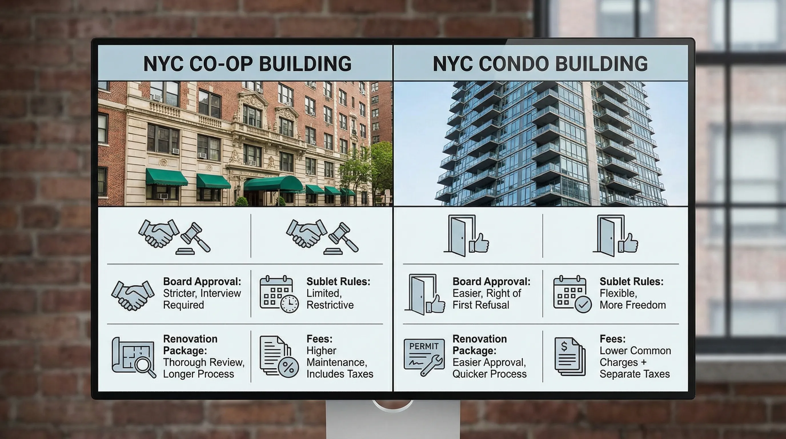 A side-by-side illustration of a NYC co-op building and a NYC condo building, with simple labeled icons for “board approval,” “sublet rules,” “renovation package,” and “fees,” designed as a clear comparison graphic.