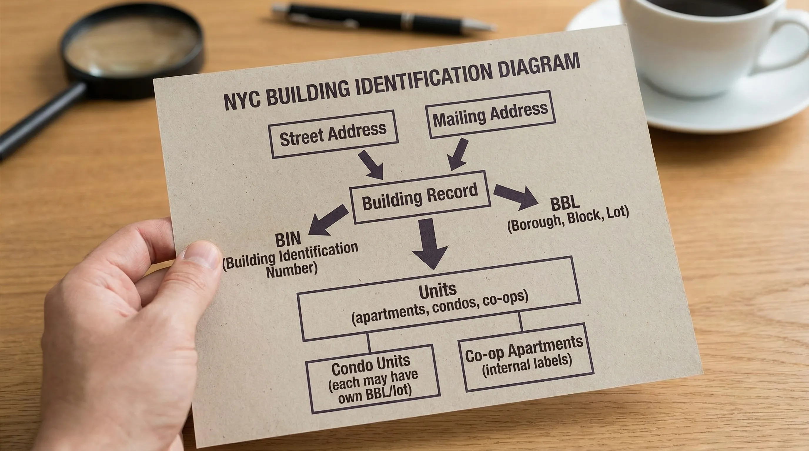 Simple diagram showing how a NYC building is identified: Street address and mailing address both point to one Building record, which has one BIN and one BBL. Units connect under the Building; condo units may each have their own BBL (lot), while co-op apartments are internal labels.