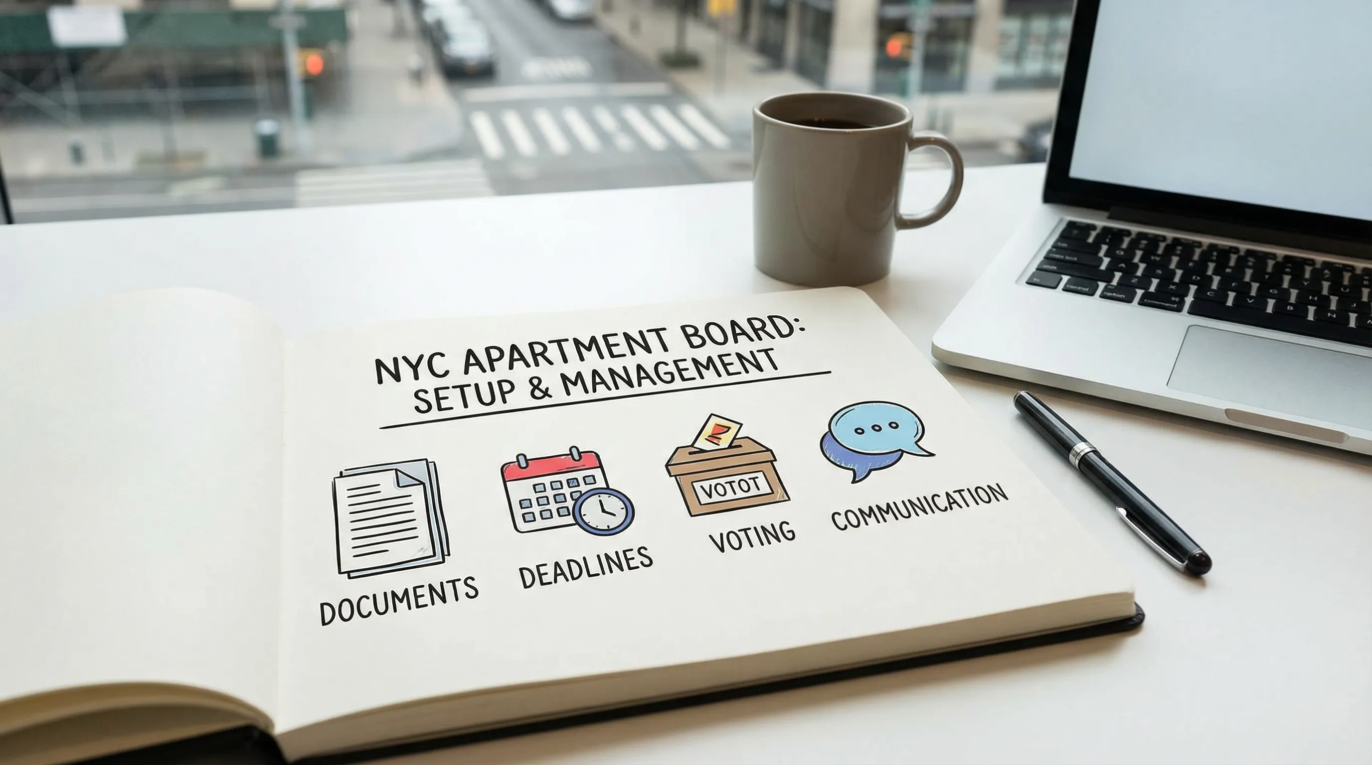A checklist-style illustration of a NYC apartment building board setup with icons for documents, calendar deadlines, voting, and resident communication in a clean workspace scene.