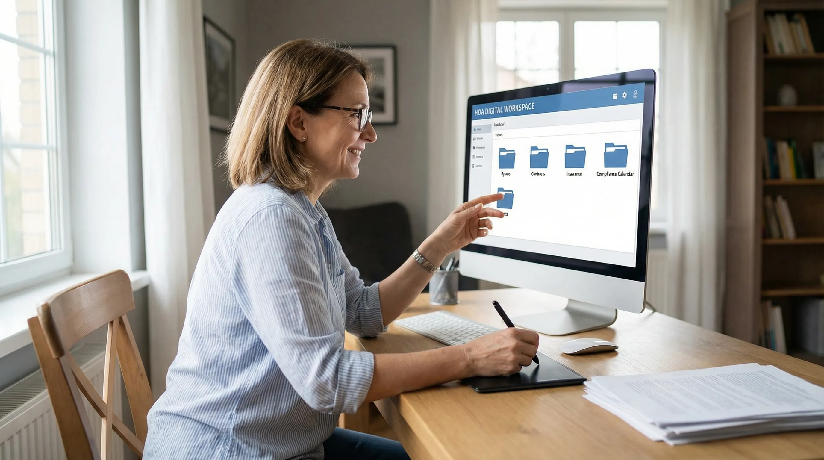A board member organizing a building’s documents and deadlines in a single digital workspace, with folders labeled bylaws, contracts, insurance, and compliance calendar.