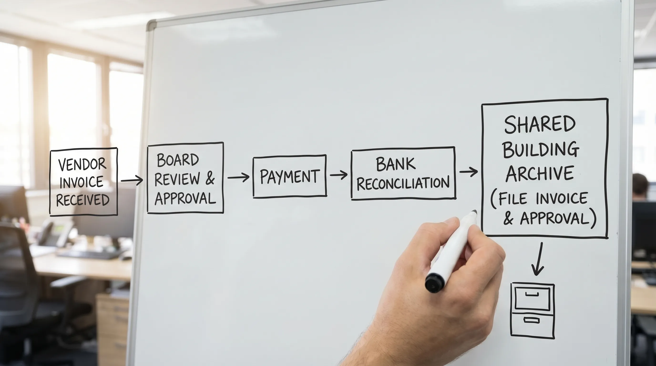 A simple flow diagram showing building bookkeeping: vendor invoice received, board review and approval, payment, bank reconciliation, then filing the invoice and approval record in a shared building archive.