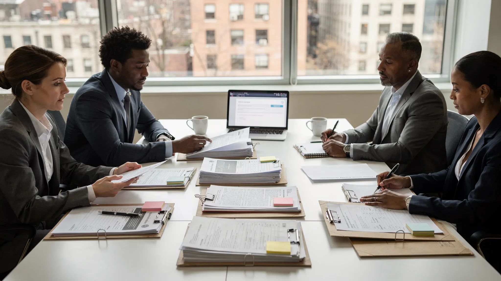 A small NYC condo board reviewing a rental application package with organized building documents, lease forms, and move-in paperwork on a conference table.