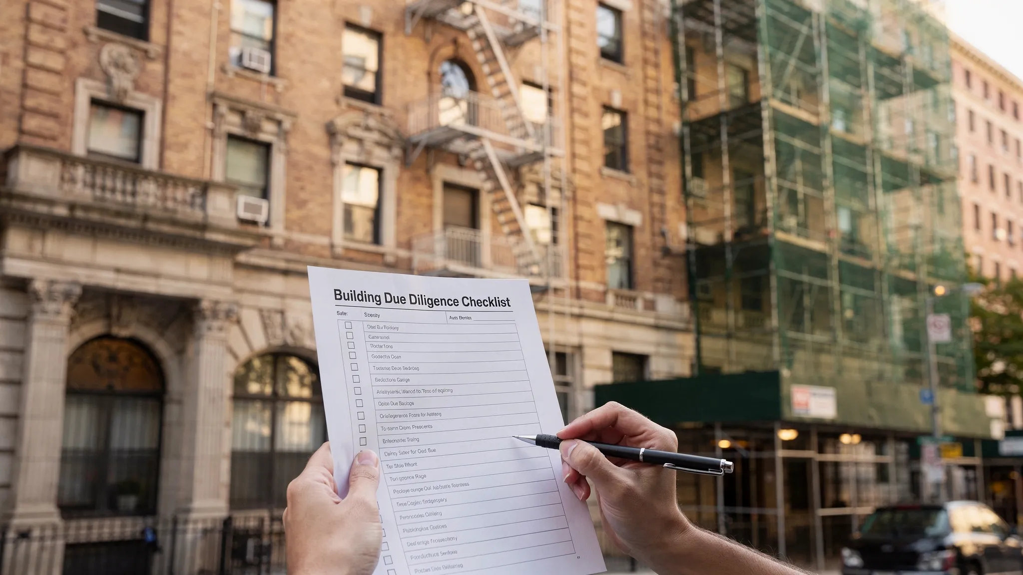 A New York City prewar apartment building facade with scaffolding on one side, a person holding a printed checklist and pen in the foreground, suggesting a building due diligence inspection.