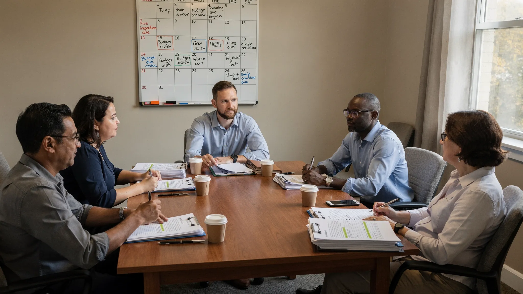 A small condo board meeting around a table with printed agendas, building documents, and a wall calendar showing compliance deadlines, conveying organized governance without any visible screens.