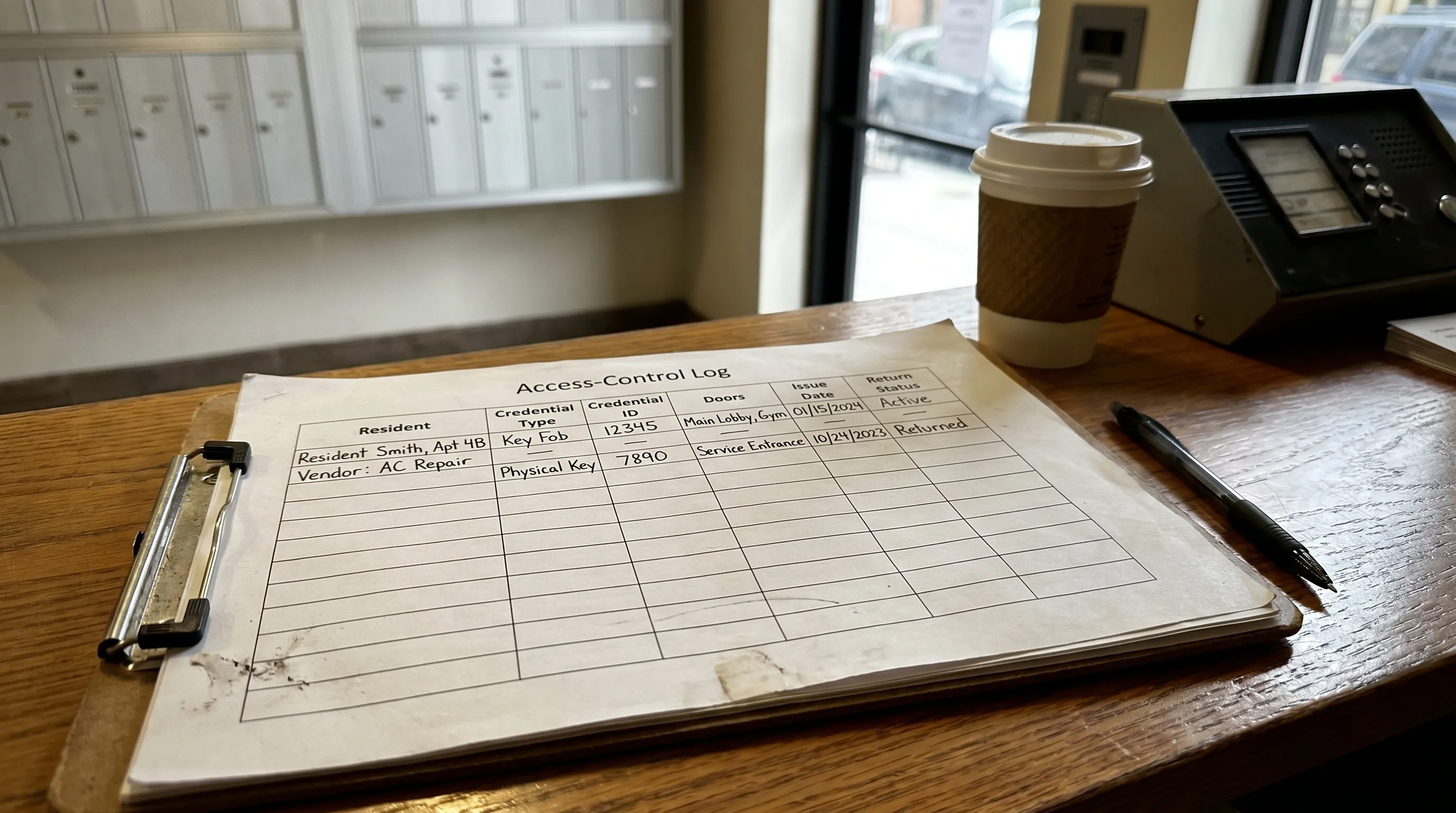 A simple access-control log table for a small NYC condo or co-op, showing rows for residents and vendors, and columns for credential type, credential ID, doors it opens, issue date, and return status.