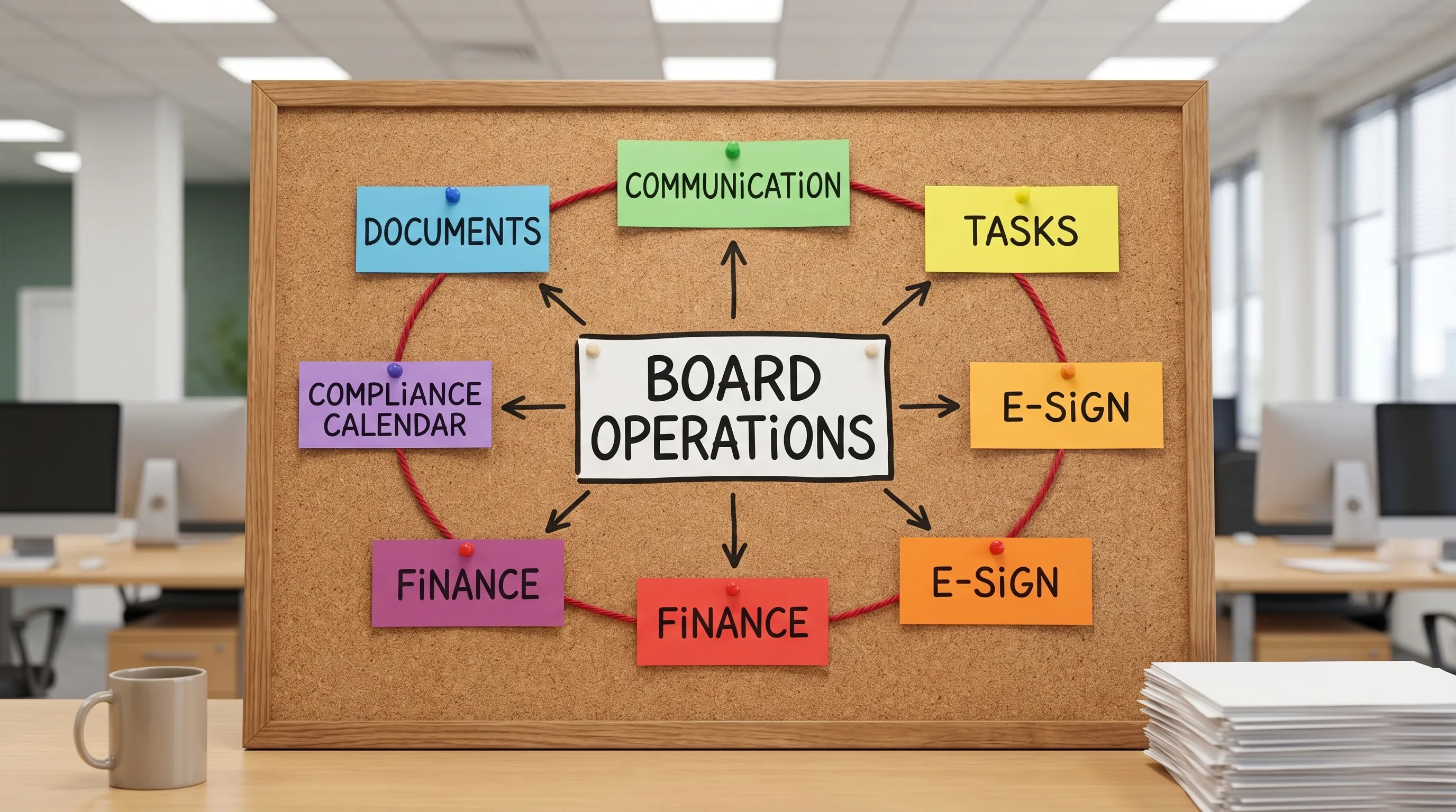 A simple diagram showing a six-part “NYC board stack” with labeled blocks for Documents, Communication, Tasks, E-sign, Finance, and Compliance Calendar, connected to a central “Board Operations” box.