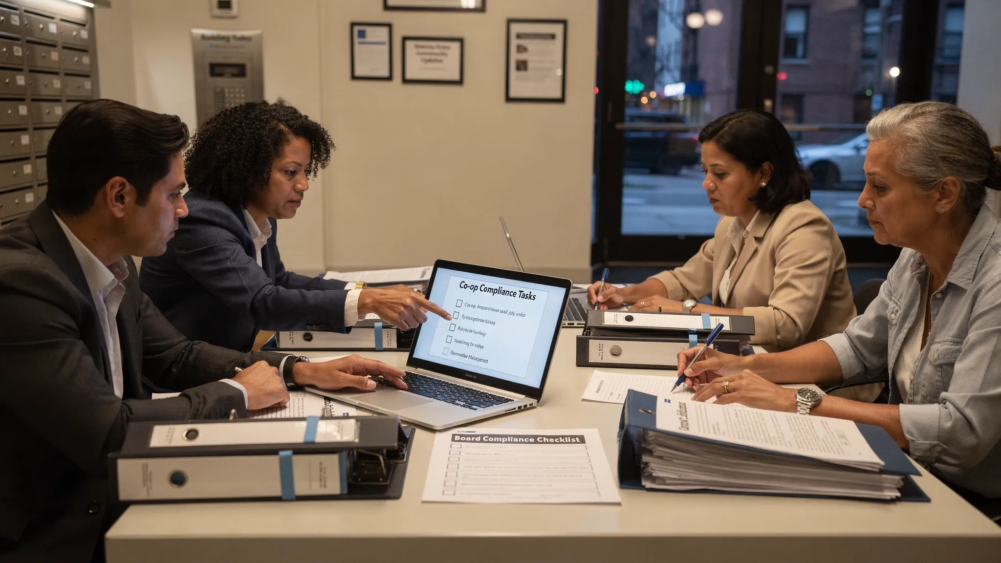 A small NYC co-op board meeting in a building lobby or community room, with printed binders, a laptop (screen facing the group), and a shared checklist of compliance tasks on the table.