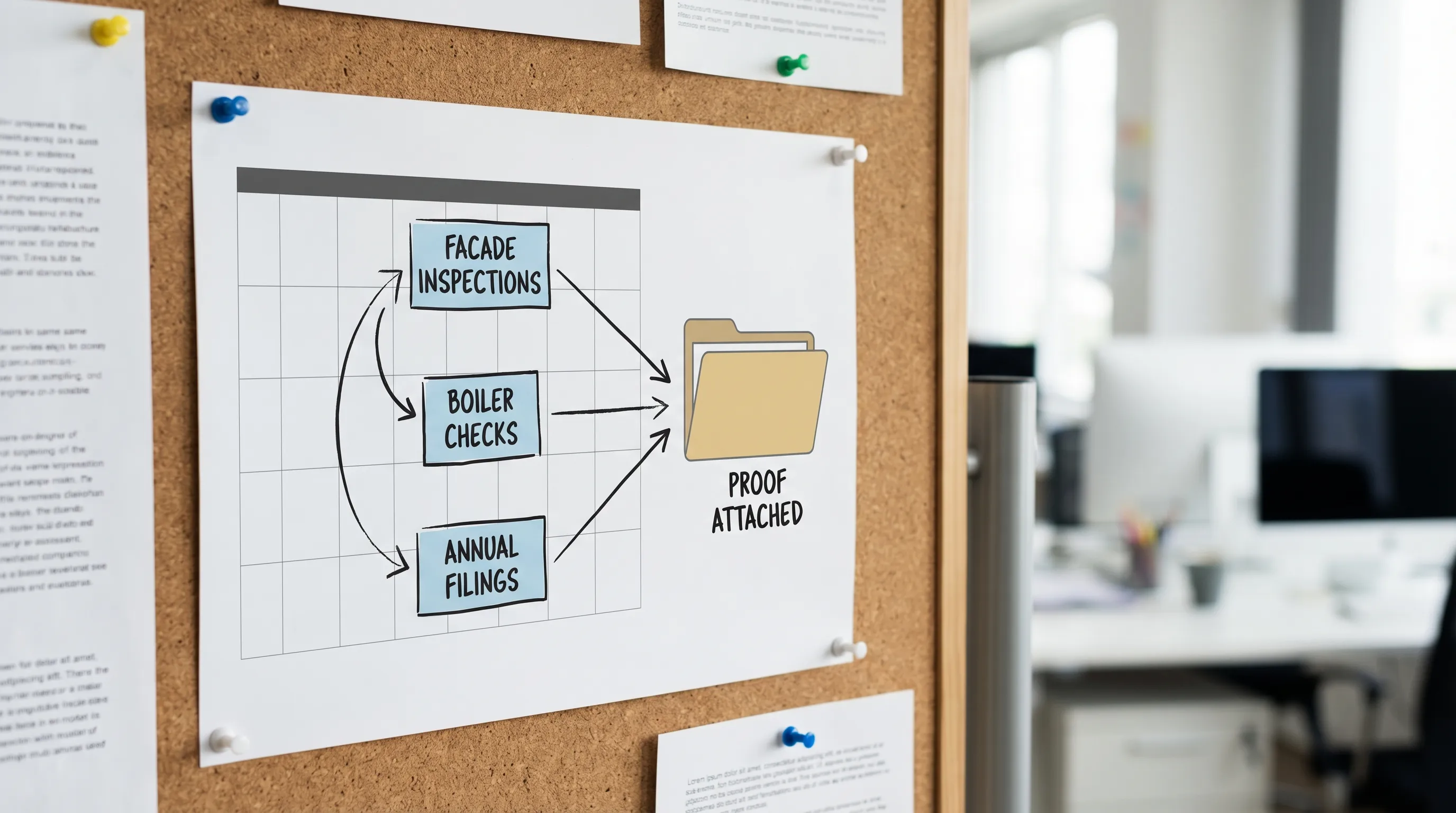 A simple diagram showing a NYC building compliance calendar with recurring items like facade inspections, boiler checks, and annual filings, connected to a document folder icon labeled “proof attached”.