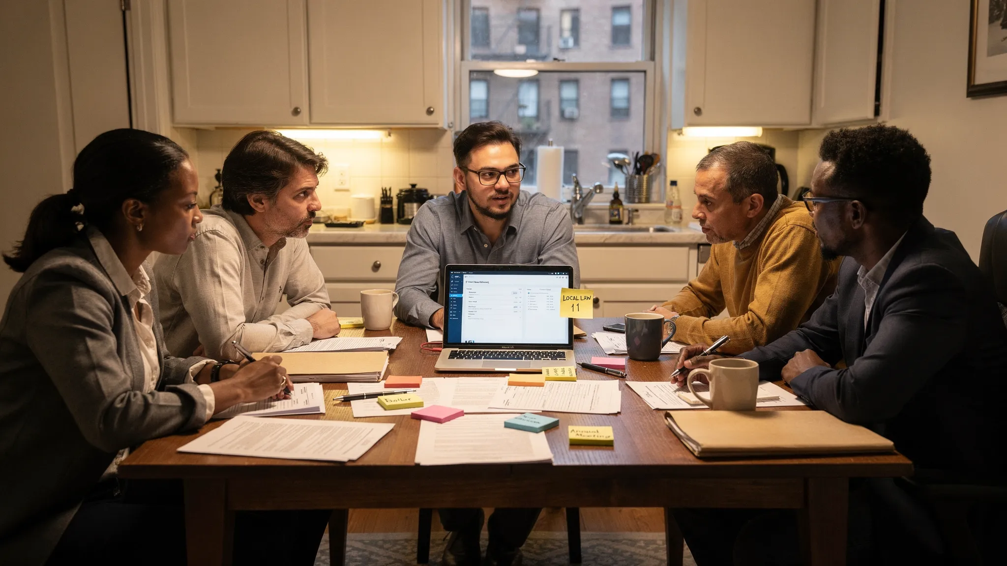 A small NYC co-op board working around a kitchen table with printed documents, a laptop open facing the viewer, and sticky notes labeled “Local Law 11,” “Boiler,” and “Annual Meeting,” capturing the reality of volunteer building management.