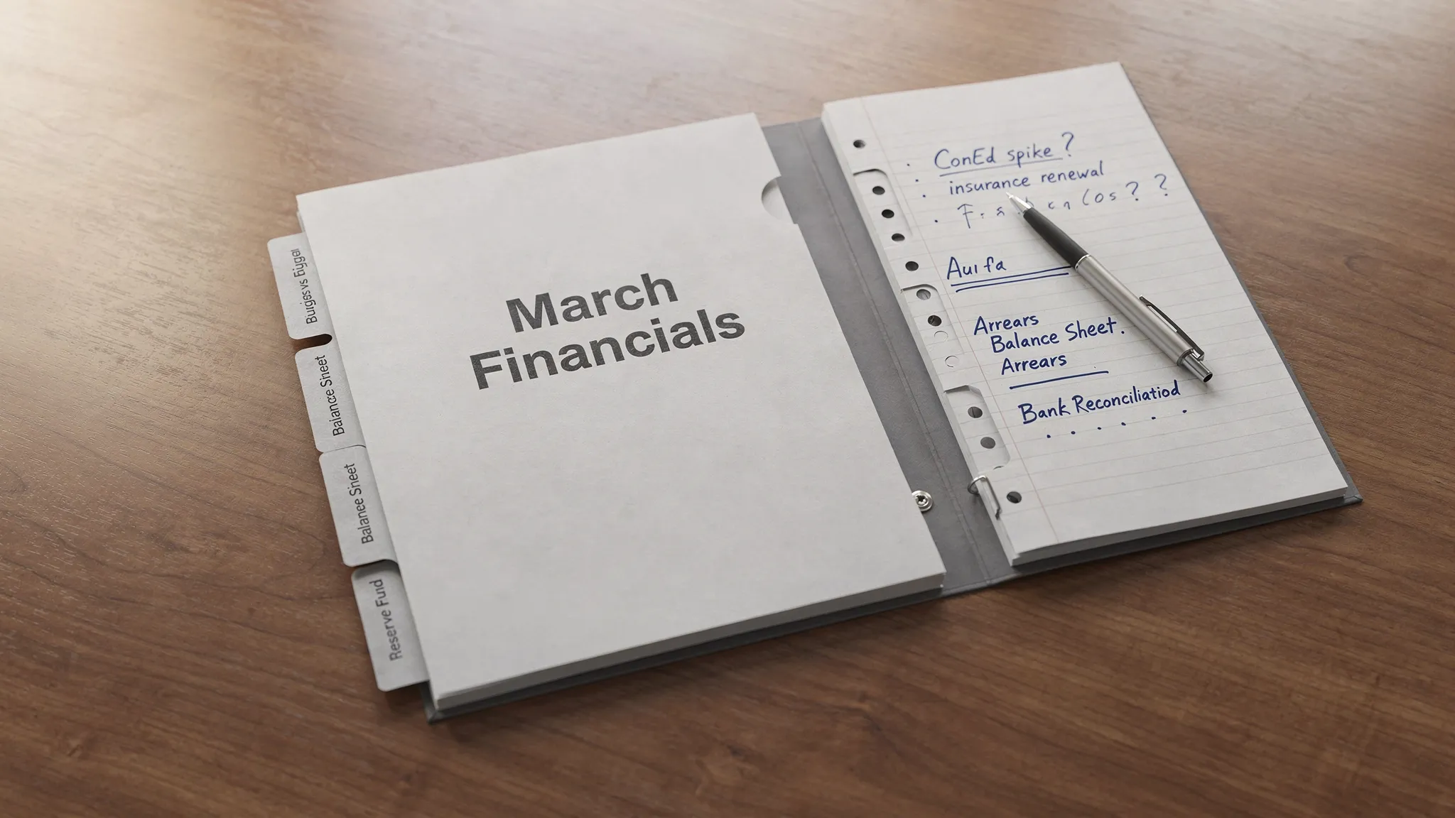 A simple “monthly board packet” layout on a table: a folder labeled March Financials with tabs for Budget vs Actual, Balance Sheet, Arrears, Bank Reconciliation, and Reserve Fund, plus a notepad with handwritten questions like “ConEd spike?” and “insurance renewal.”