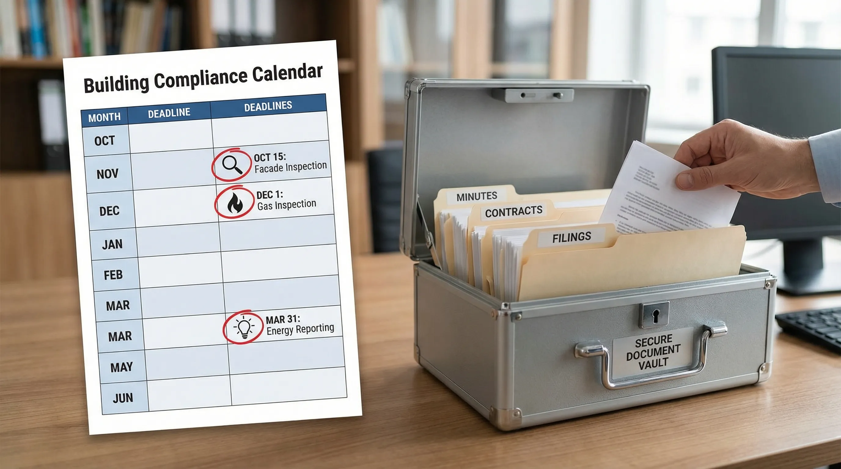 An illustration of a building compliance calendar with labeled deadlines (facade inspection, gas inspection, energy reporting) and simple reminder icons, shown alongside a secure document vault concept with folders for minutes, contracts, and filings.
