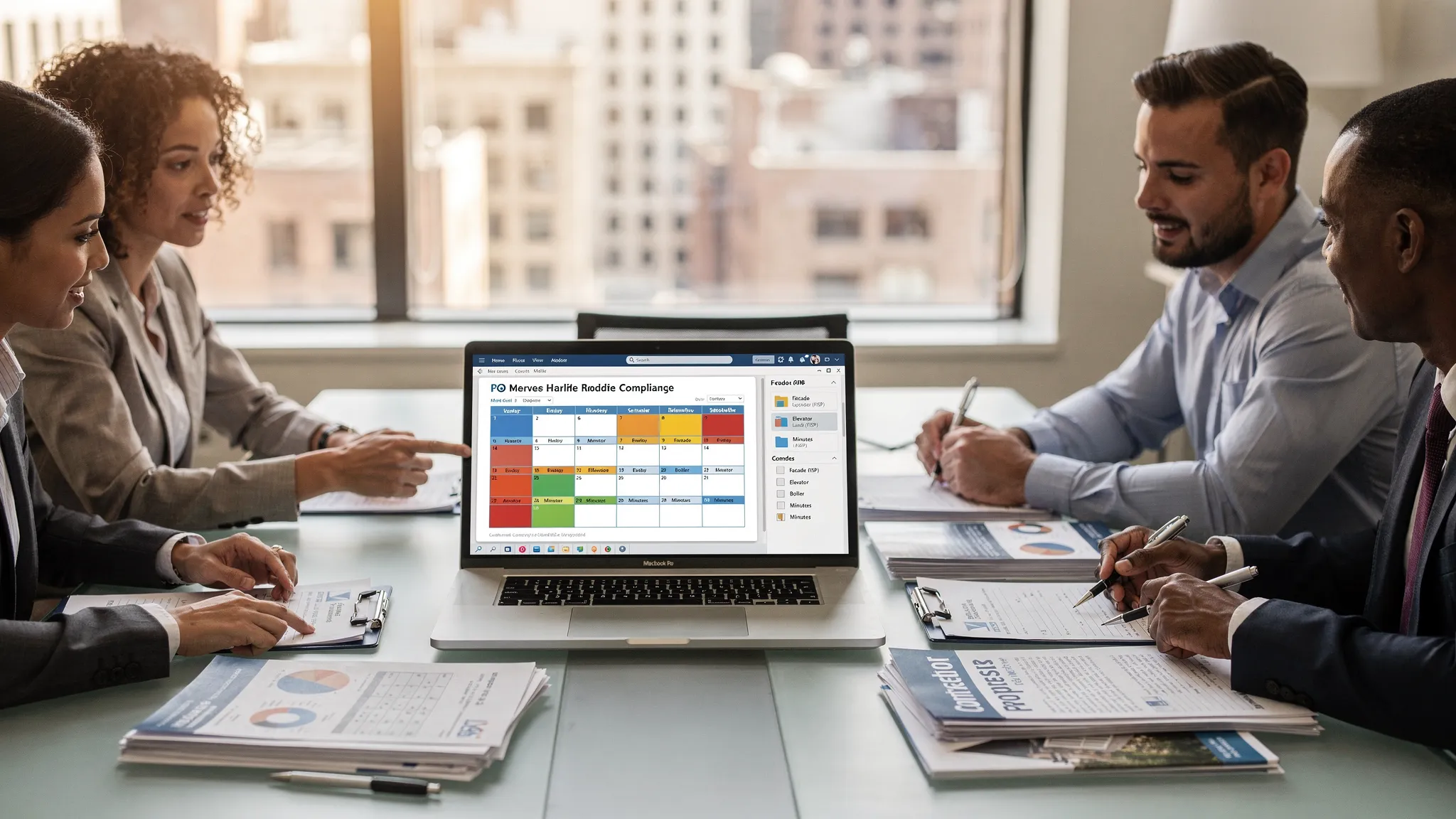 A small NYC condo board reviewing a building compliance calendar and organized digital folders labeled “Facade (FISP),” “Elevator,” “Boiler,” and “Minutes,” with paper reports and a contractor proposal on the table.